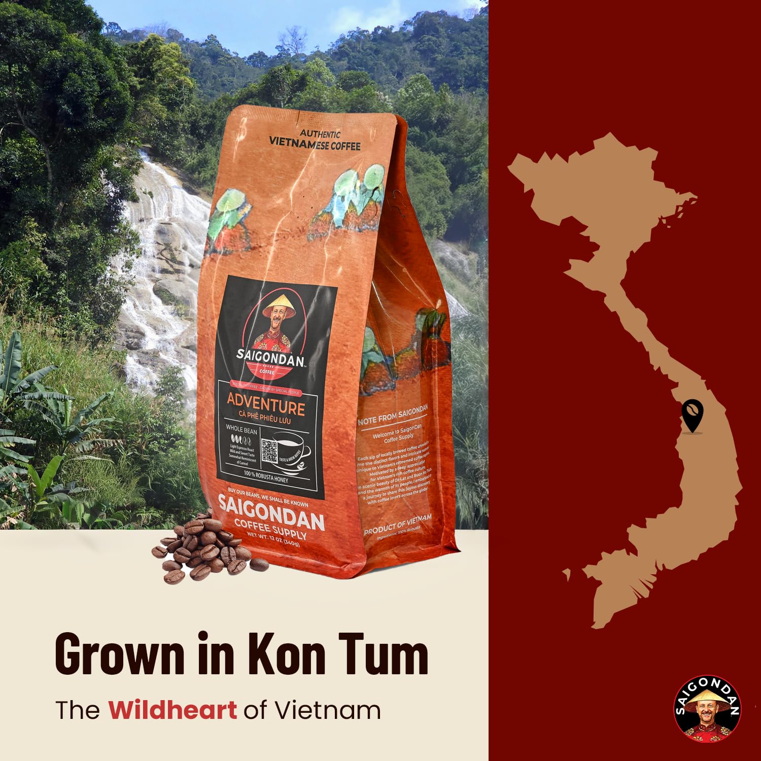 Vietnamese Whole Bean Coffee - Saigondan Adventure 100% Robusta Light Espresso Roast - Premium Single Origin, Direct Trade Vietnamese Coffee - 12 oz