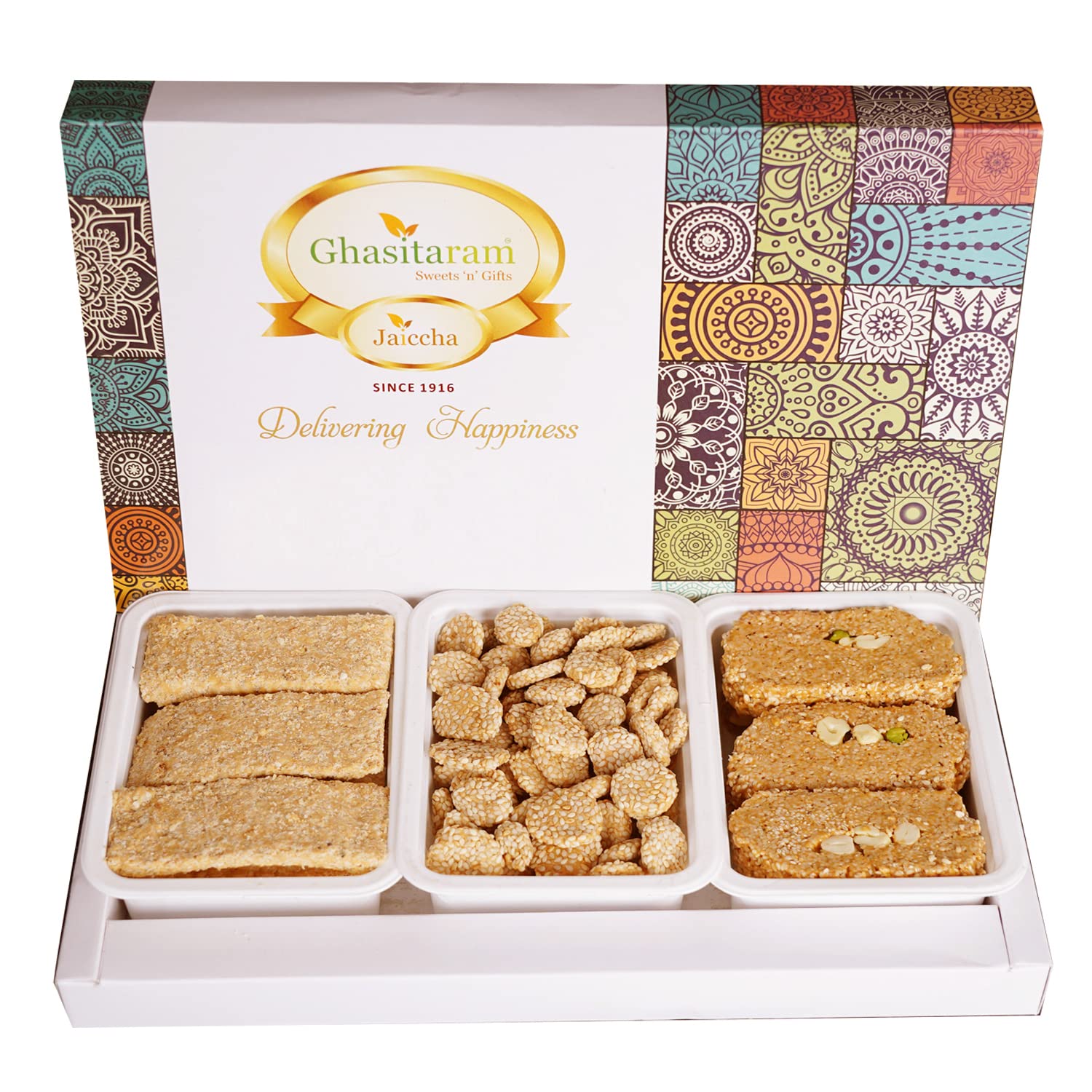 Ghasitaram Gifts Lohri Gifts Assortment of Gud Til Gachak, Khasta Gachak and Gud Revadi 600 GMS