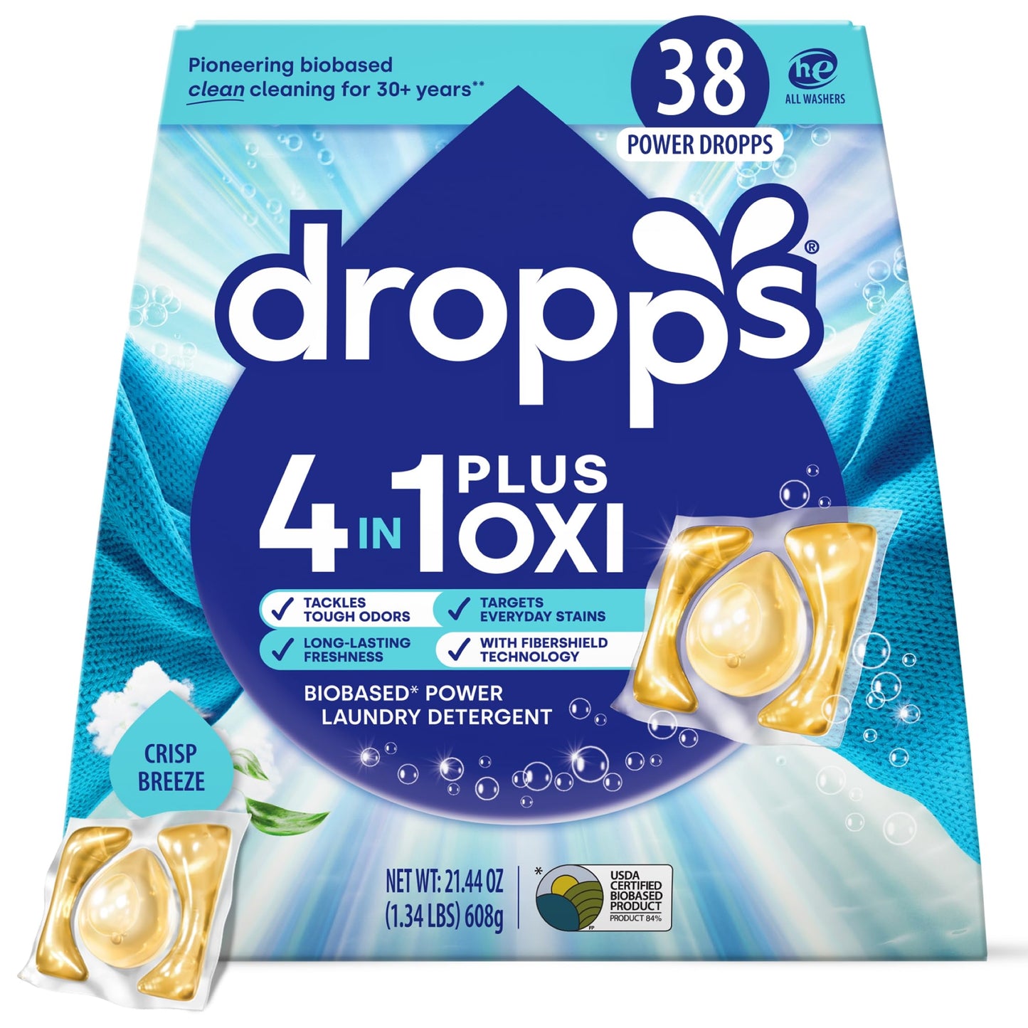 Dropps 4-in-1 Plus Oxi Laundry Detergent Pods, Crisp Breeze (38 Count) - Laundry Pods | Advanced Odor Defense | Fights Stains | Whitens & Brightens |