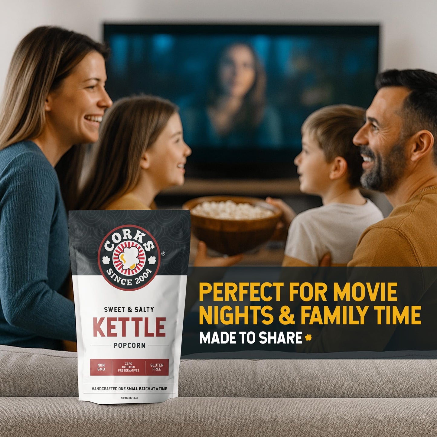 Corks Original Kettle Corn Popcorn Bags, 3oz - Sweet and Salty Gourmet Popcorn Coated with Fine Sugar & Salted to perfection, Gluten-Free, Classic