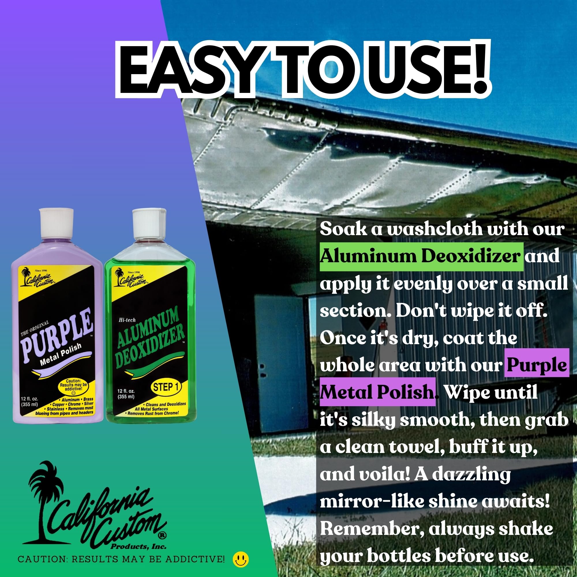 CALIFORNIA CUSTOM - Purple Metal Polish & Aluminum Deoxidizer Kit, No Silicone, Body Shop Safe, Great for Aluminum, Brass, Copper, Chrome, Silver
