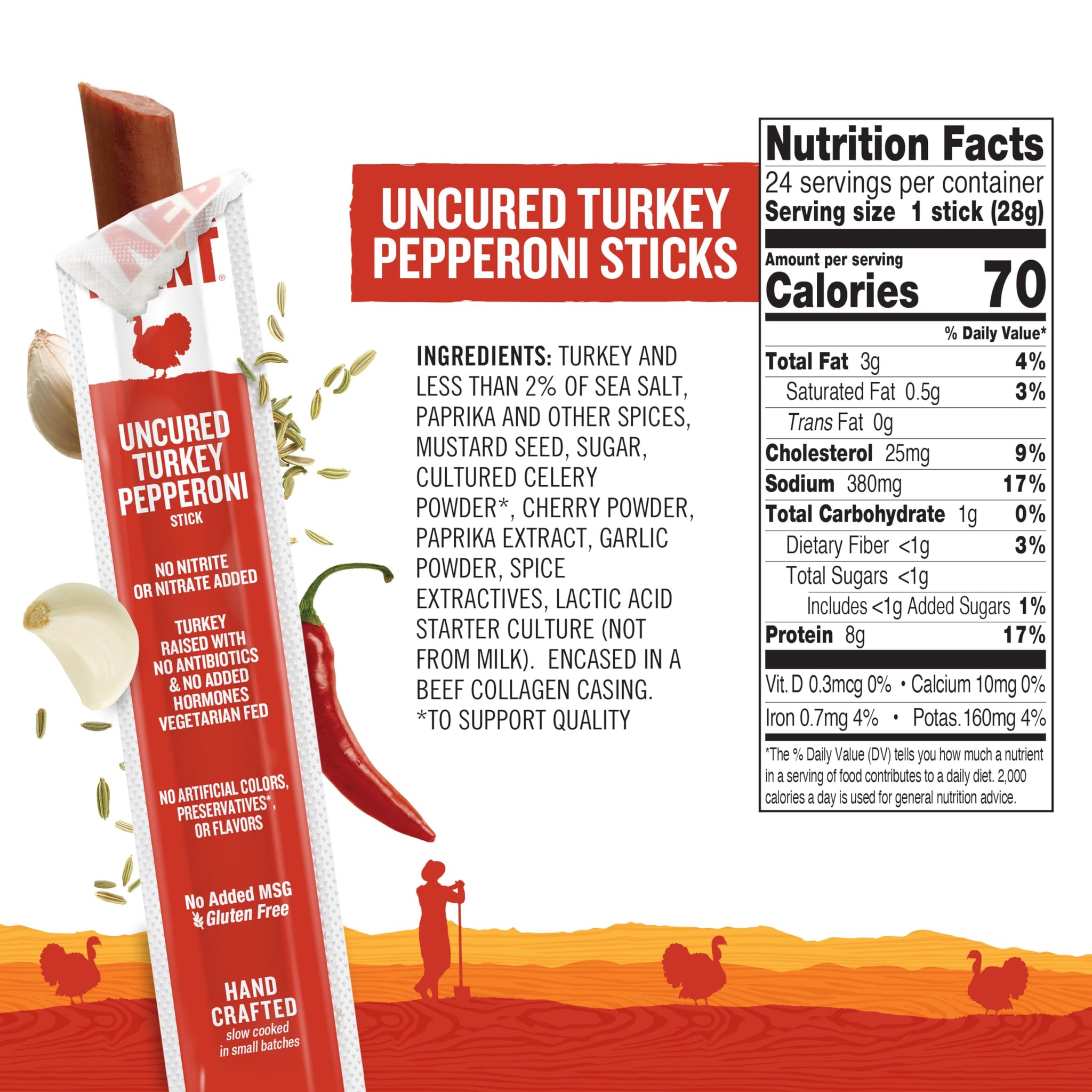 Snack Sticks by Vermont Smoke & Cure - Uncured Pepperoni - Turkey - Healthy Meat Protein - 1oz Jerky Stick - 1 Count (Pack of 1)