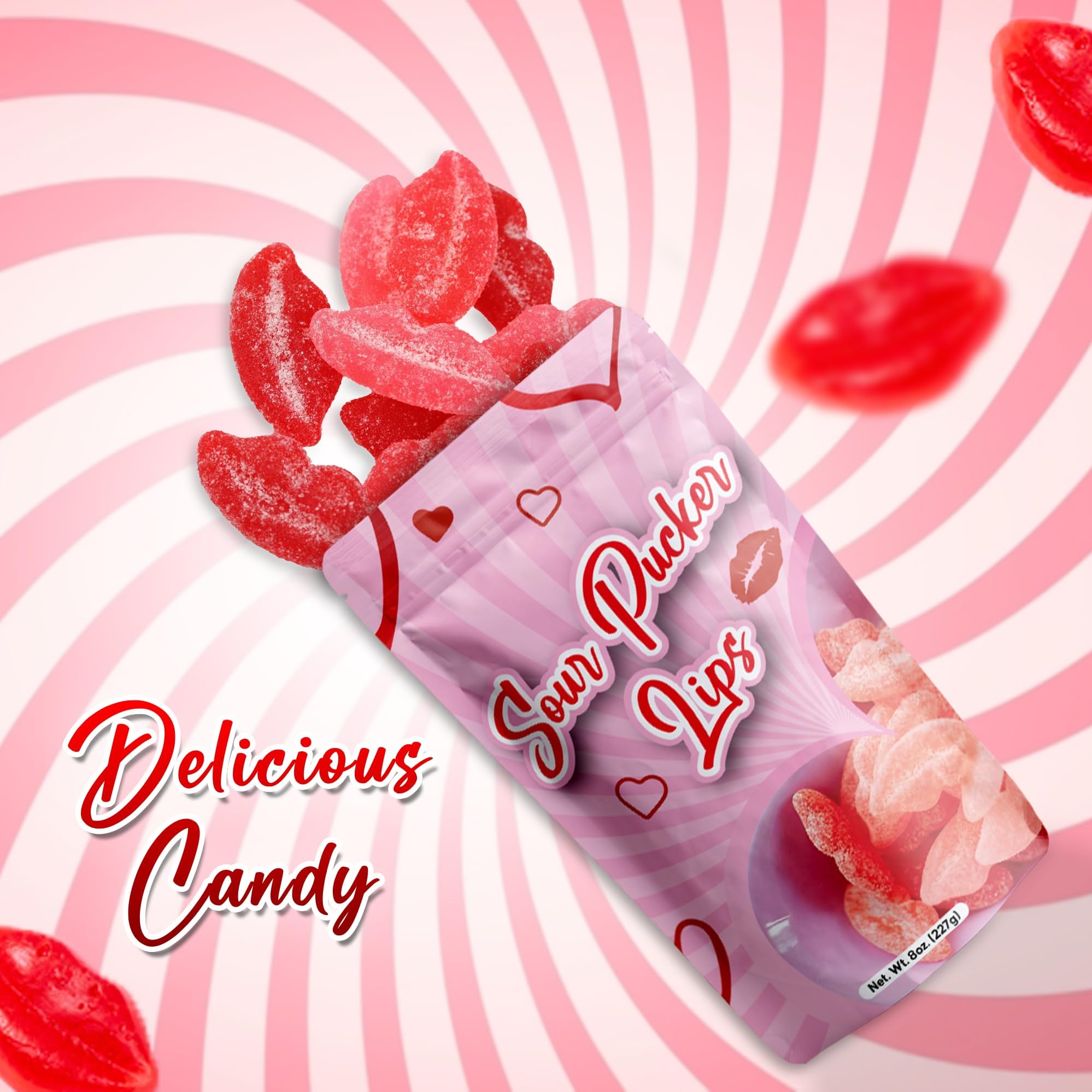 NY Spice Shop Sour Pucker Gummies - 8 Ounce Lip Shaped Gummies - Fruit Flavor Gummy For Office Candy Bowl Fillers And Movie Night - Pink And Red Chewy
