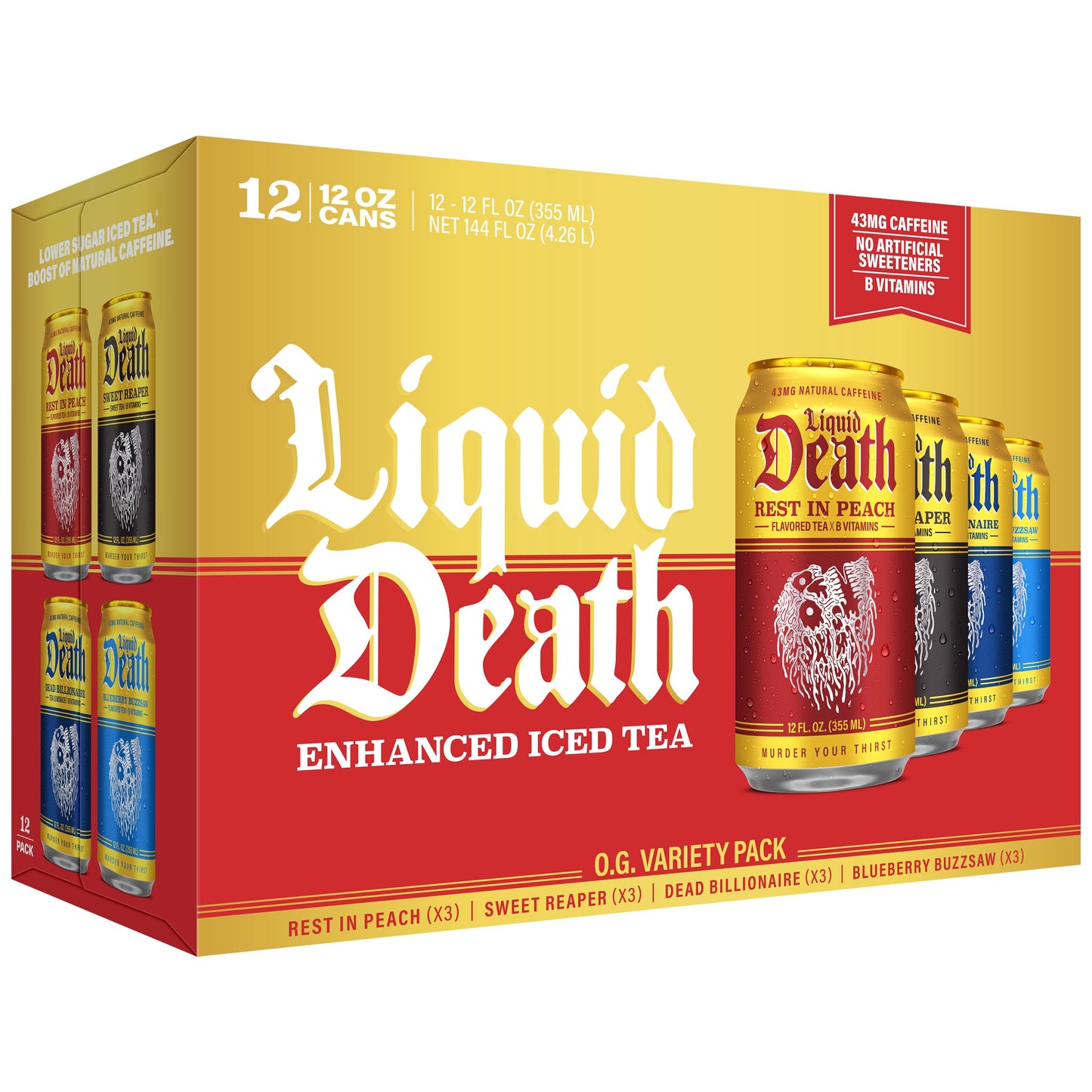 Liquid Death Iced Tea - O.G. Variety, Less Sugar*, Boost of Caffeine, B Vitamins, No Artificial Sweeteners, 4 Flavors: Tea/Lemonade, Rest in Peach