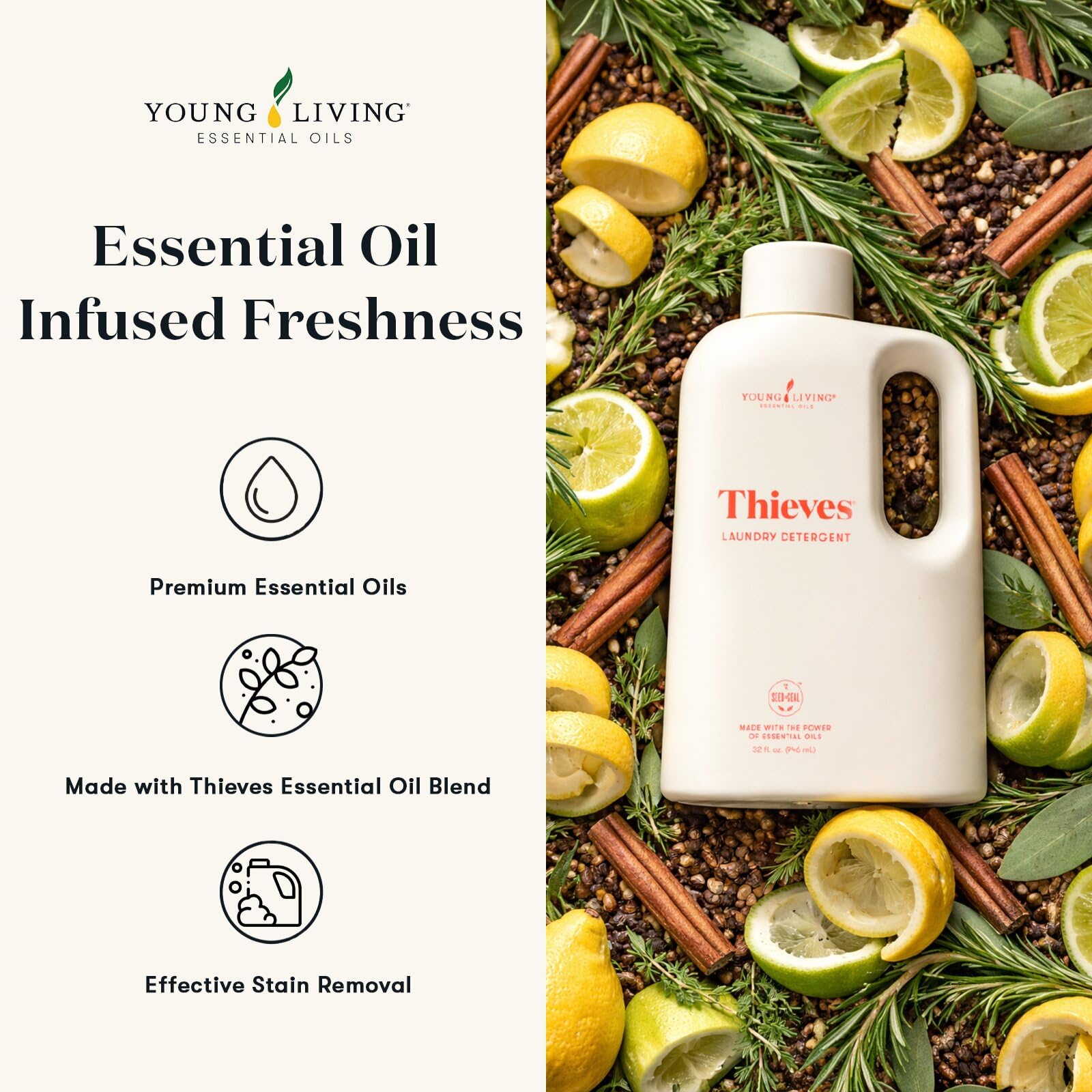 Young Living Thieves Laundry Soap | 32oz | Concentrated Laundry Detergent | Plant Based Formula with Essential Oils | Lemon, Cinnamon, & Rosemary Oil