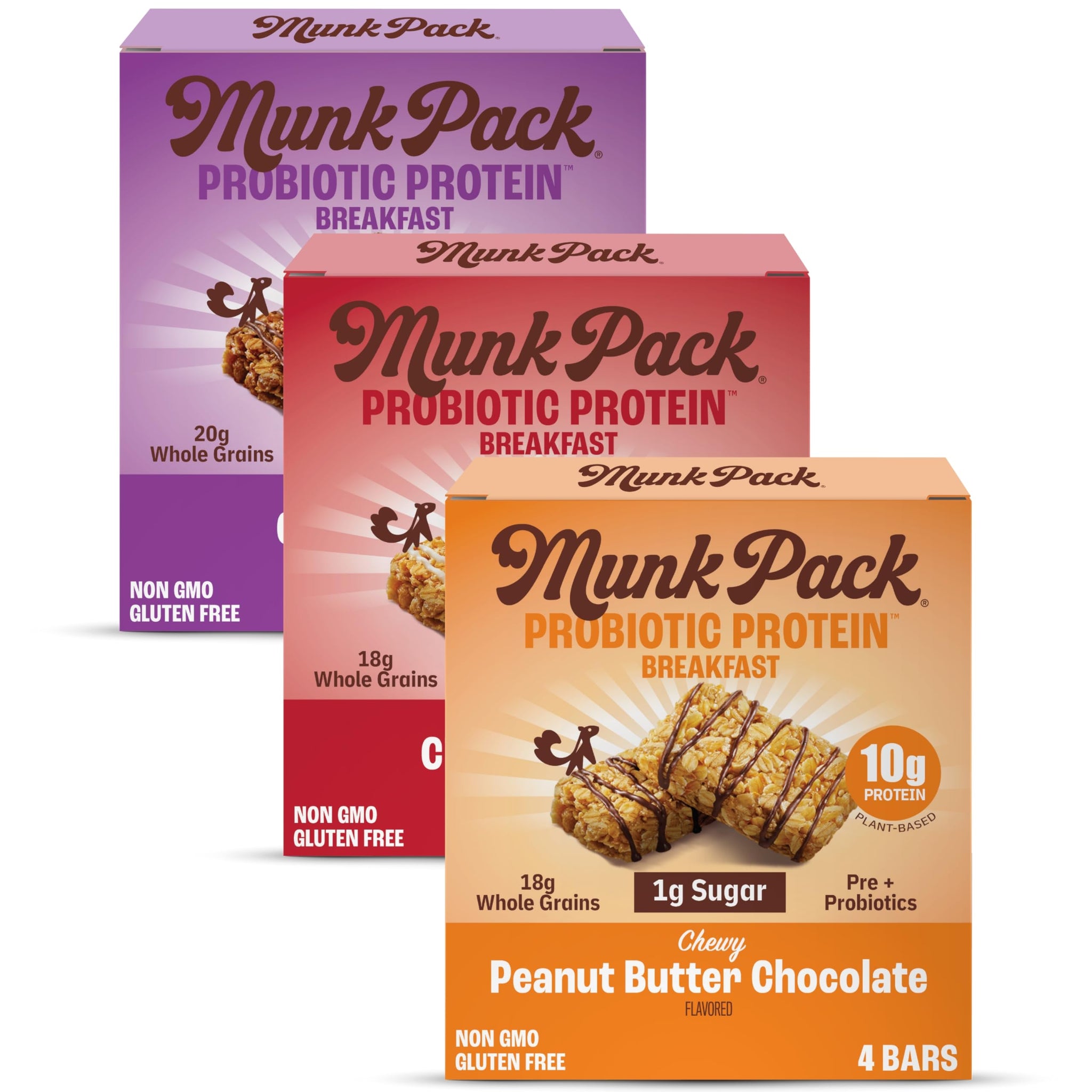 Munk Pack Variety Pack Probiotic Protein Bars | 10g Plant Protein, 1g Sugar, 6g Fiber |Diabetic-Friendly Ideal Breakfast Bars - On-the-Go Snacks
