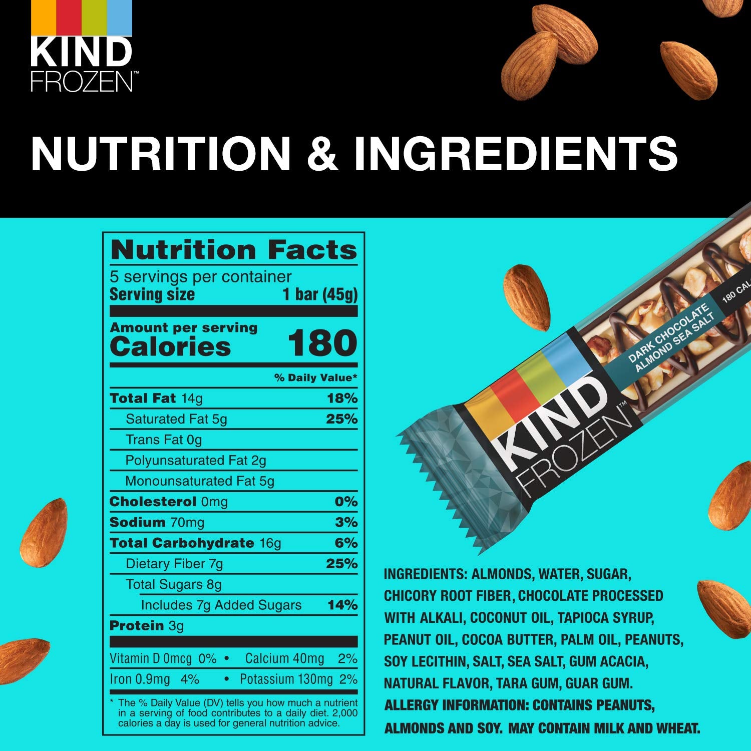 KIND FROZEN Plant Based Frozen Treat Bar, Dark Chocolate Almond Sea Salt & Nut Treat Bars, 5 Pack, 1.6 Oz Bars