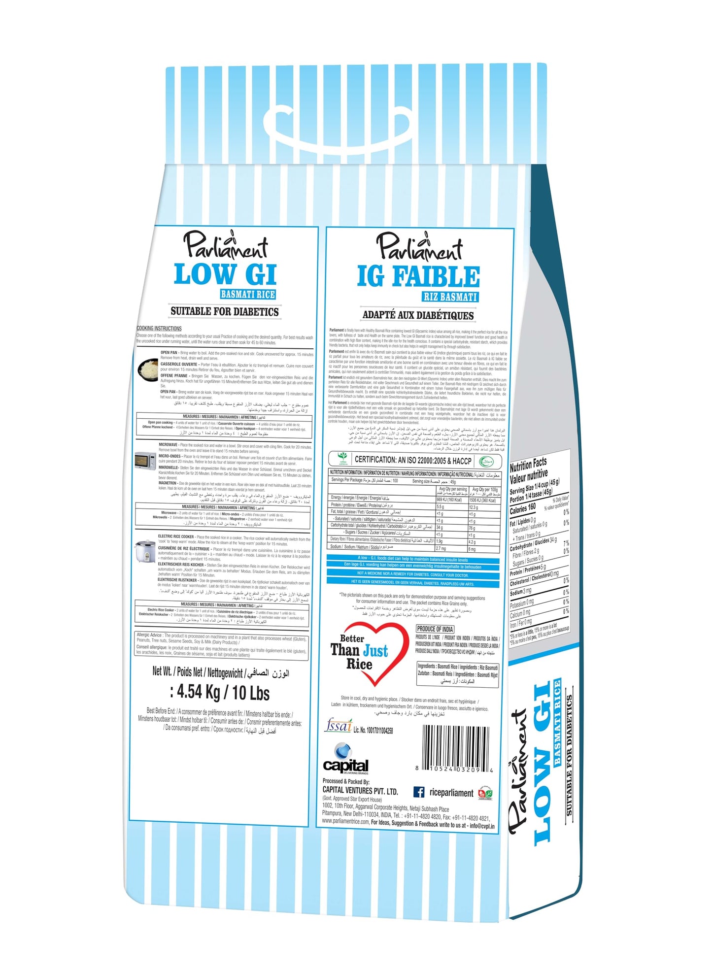 Parliament Diabetic Friendly Basmati Rice w/Lower G.I. Index Value - 10lb
