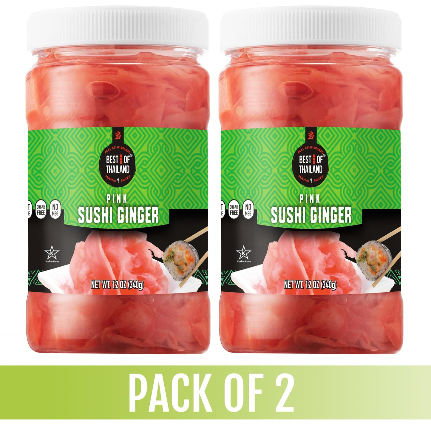 Best of Thailand Japanese Pink Pickled Sushi Ginger | No MSG | 2 Jars of 12oz Fresh Sliced Young Gari Pickled Ginger in Sweet Pickling Brine with