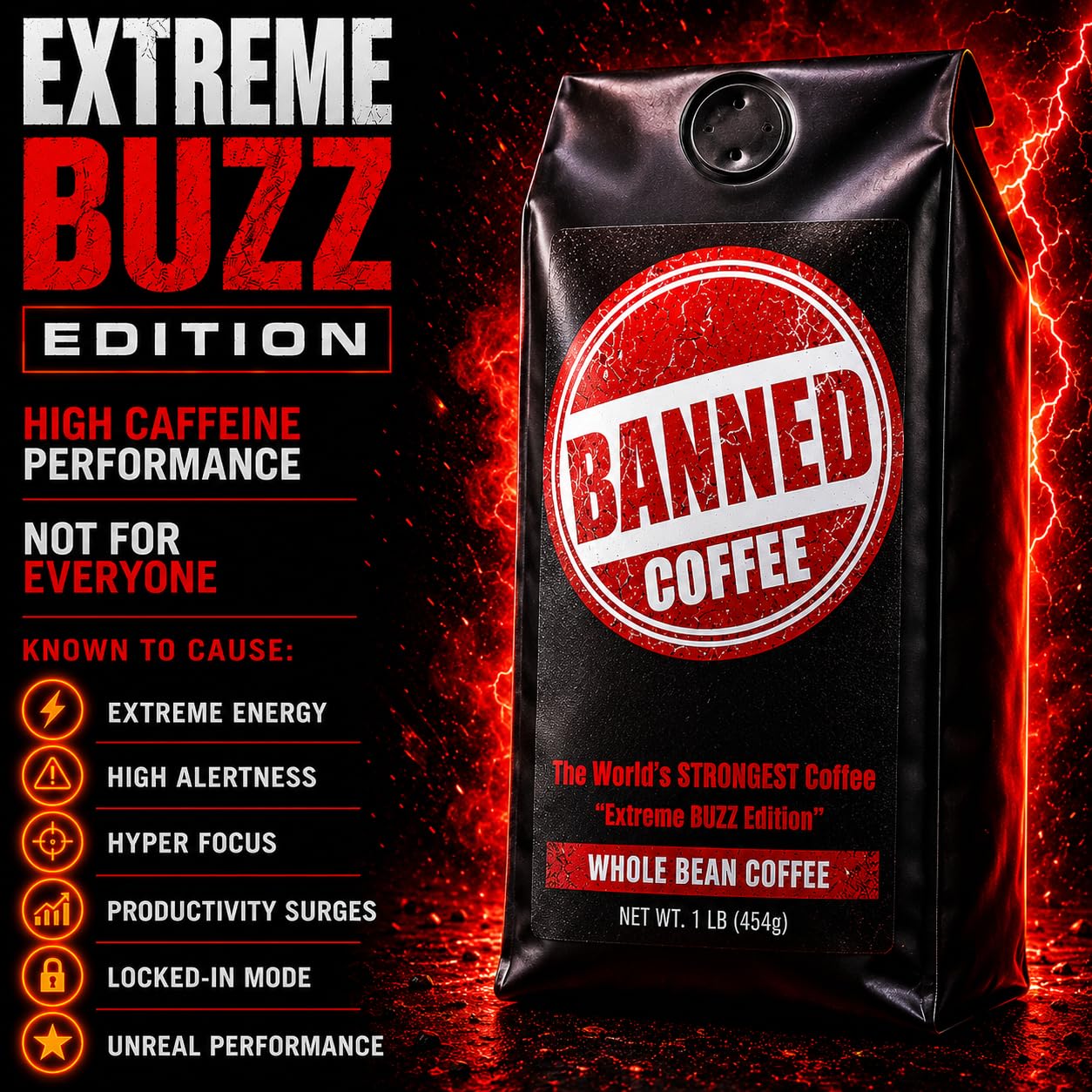 Banned Coffee™ Whole Bean - World’s Strongest High Caffeine Coffee That Shouldn’t Be Allowed - Bold Medium -Dark Roast Arabica & Robusta Blend