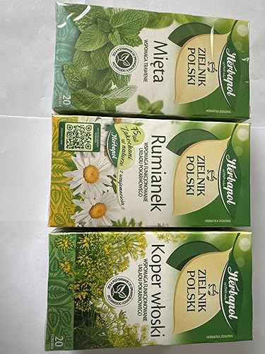 HERBAPOL Lublin HERBAL TEA (Variety Pack). FENNEL, MINT, CHAMOMILE. Koper Wloski, Mieta, Rumianek. Natural Herbal Tea - 20 Tea Bags Each. Product from