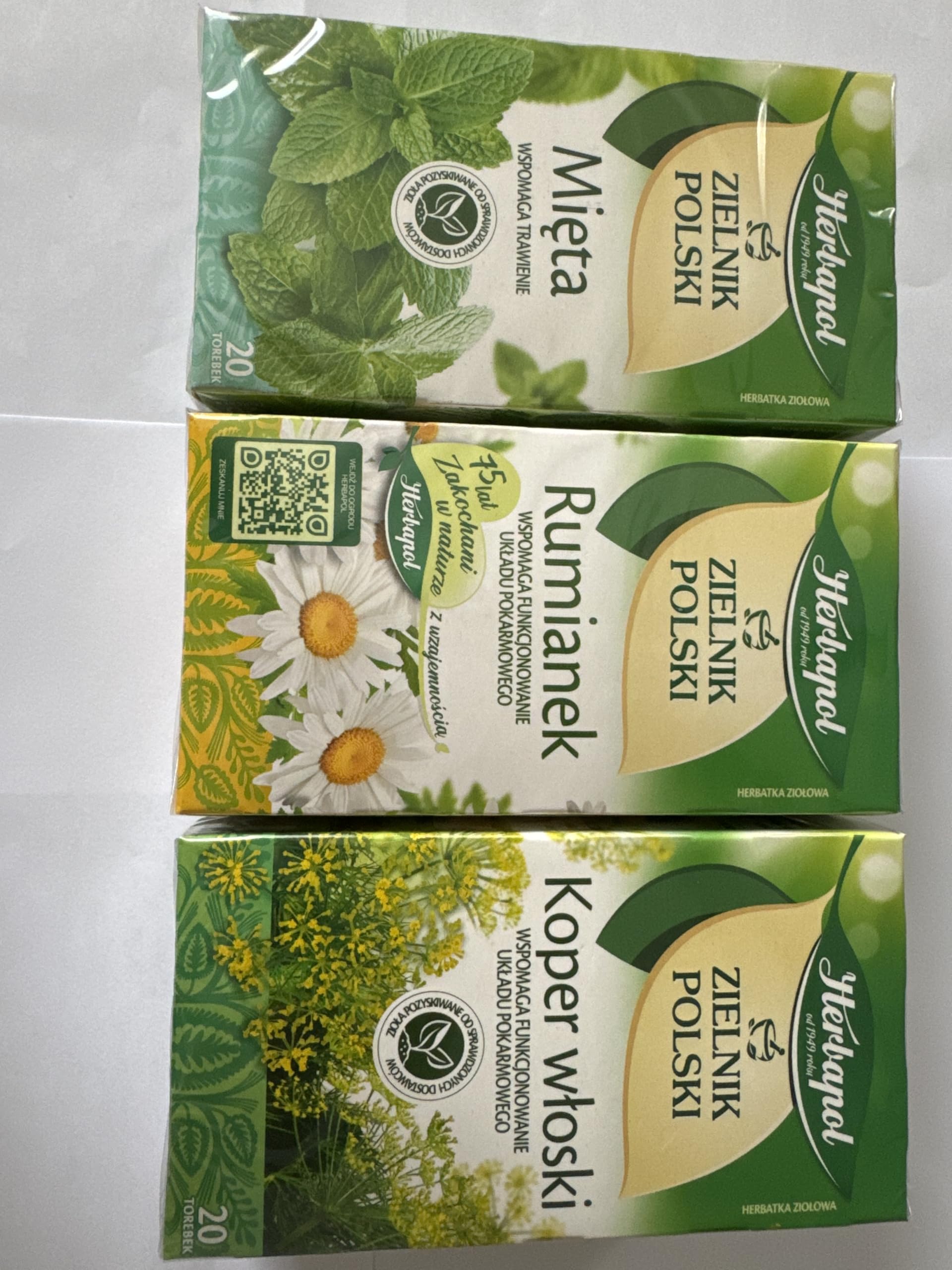 HERBAPOL Lublin HERBAL TEA (Variety Pack). FENNEL, MINT, CHAMOMILE. Koper Wloski, Mieta, Rumianek. Natural Herbal Tea - 20 Tea Bags Each. Product from