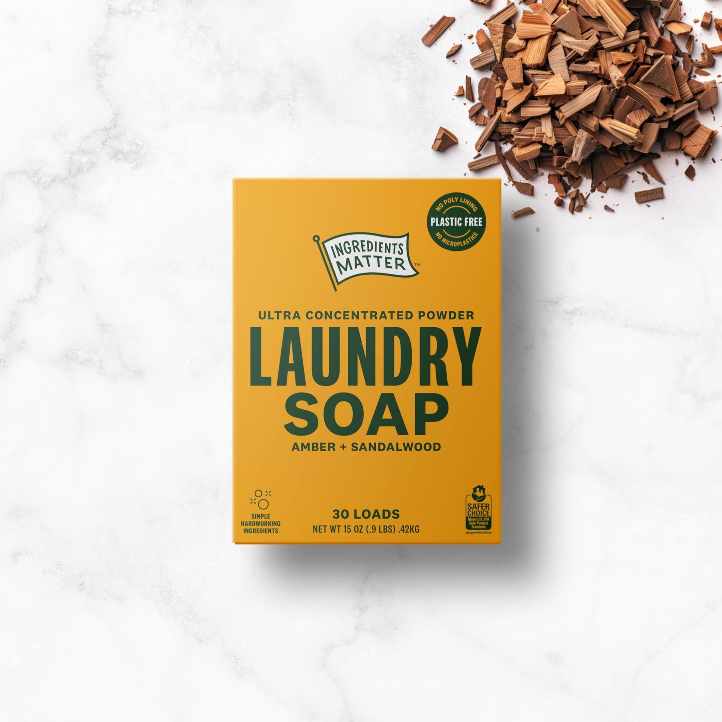 Ingredients Matter Powder Laundry Soap - Amber + Sandalwood Scent, Hypoallergenic Detergent, Natural & Eco-Friendly, Plastic Free, Natural Essential