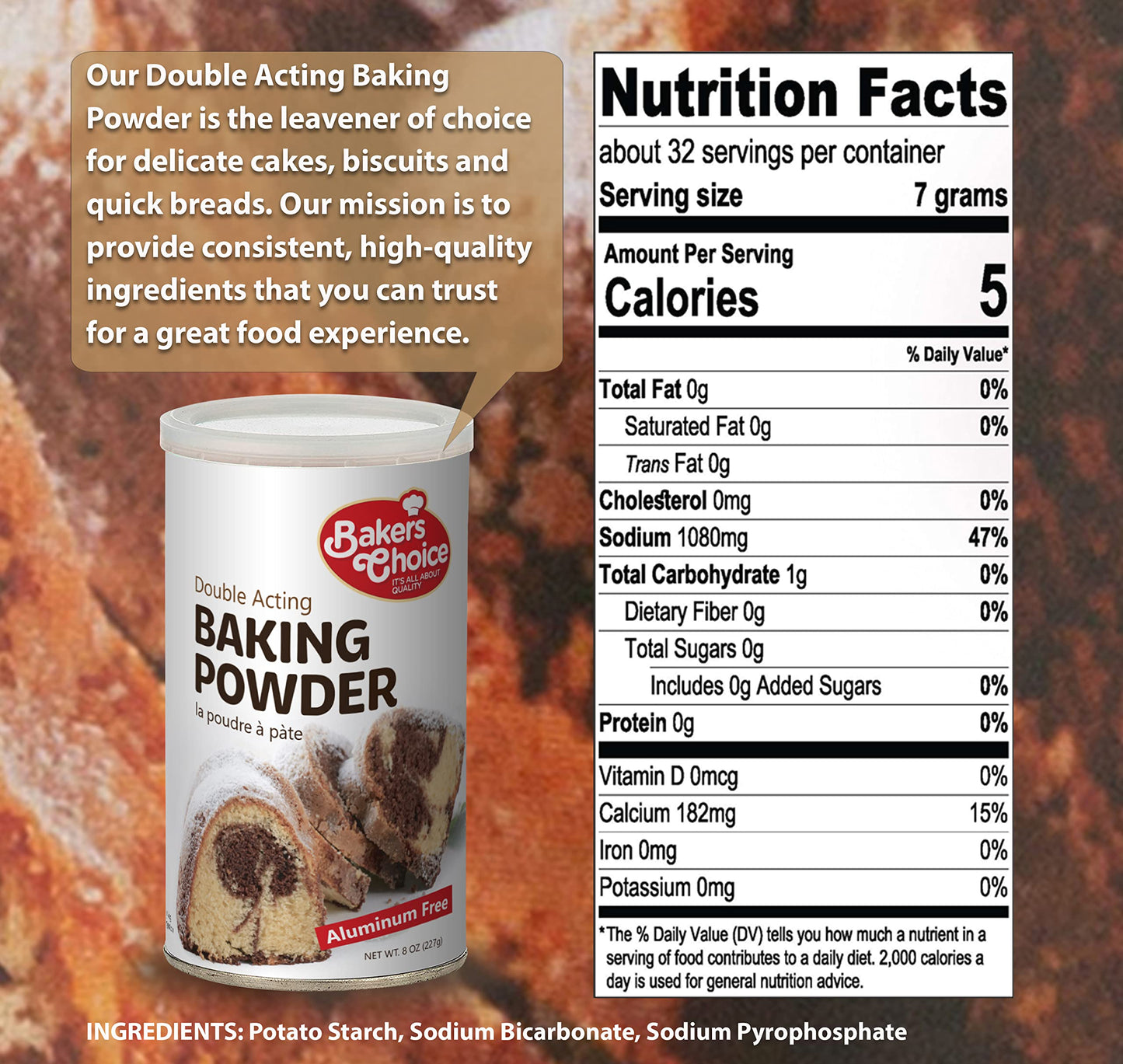 Double Acting Baking Powder, 8 oz. - Aluminum Free Baking Powder, Premium Grade, Vegan, Vegetarian, Kosher - By Baker’s Choice