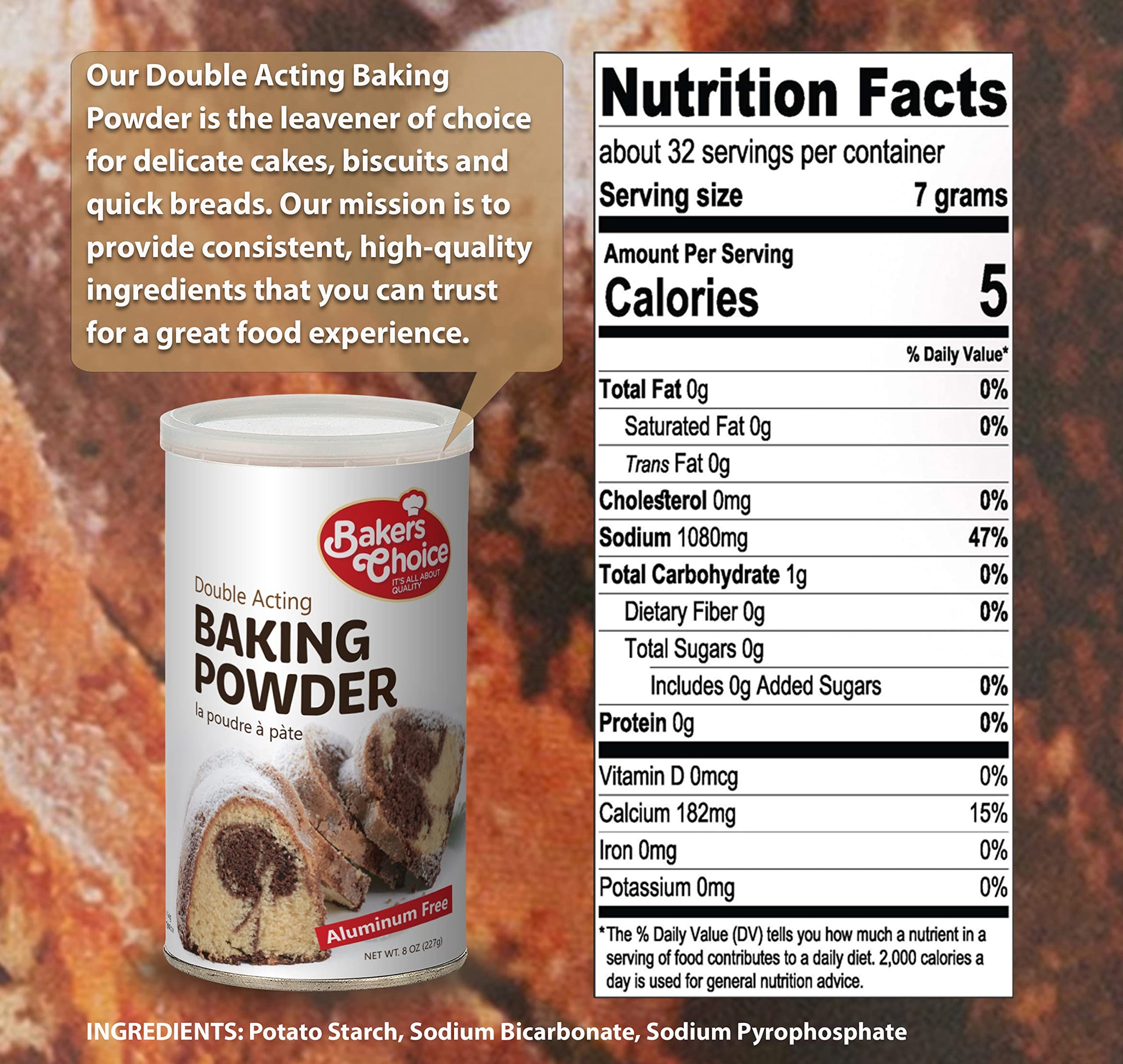 Double Acting Baking Powder, 8 oz. - Aluminum Free Baking Powder, Premium Grade, Vegan, Vegetarian, Kosher - By Baker’s Choice