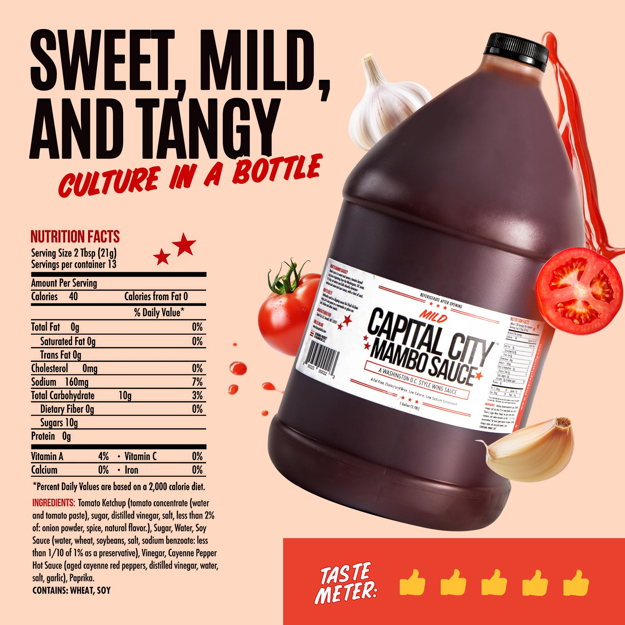 Capital City Mambo Sauce Mild, Washington DC Wing Sauces, Perfect Condiment for Wings Chicken Pork Beef Seafood Burgers Rice or Noodles, 128oz (1