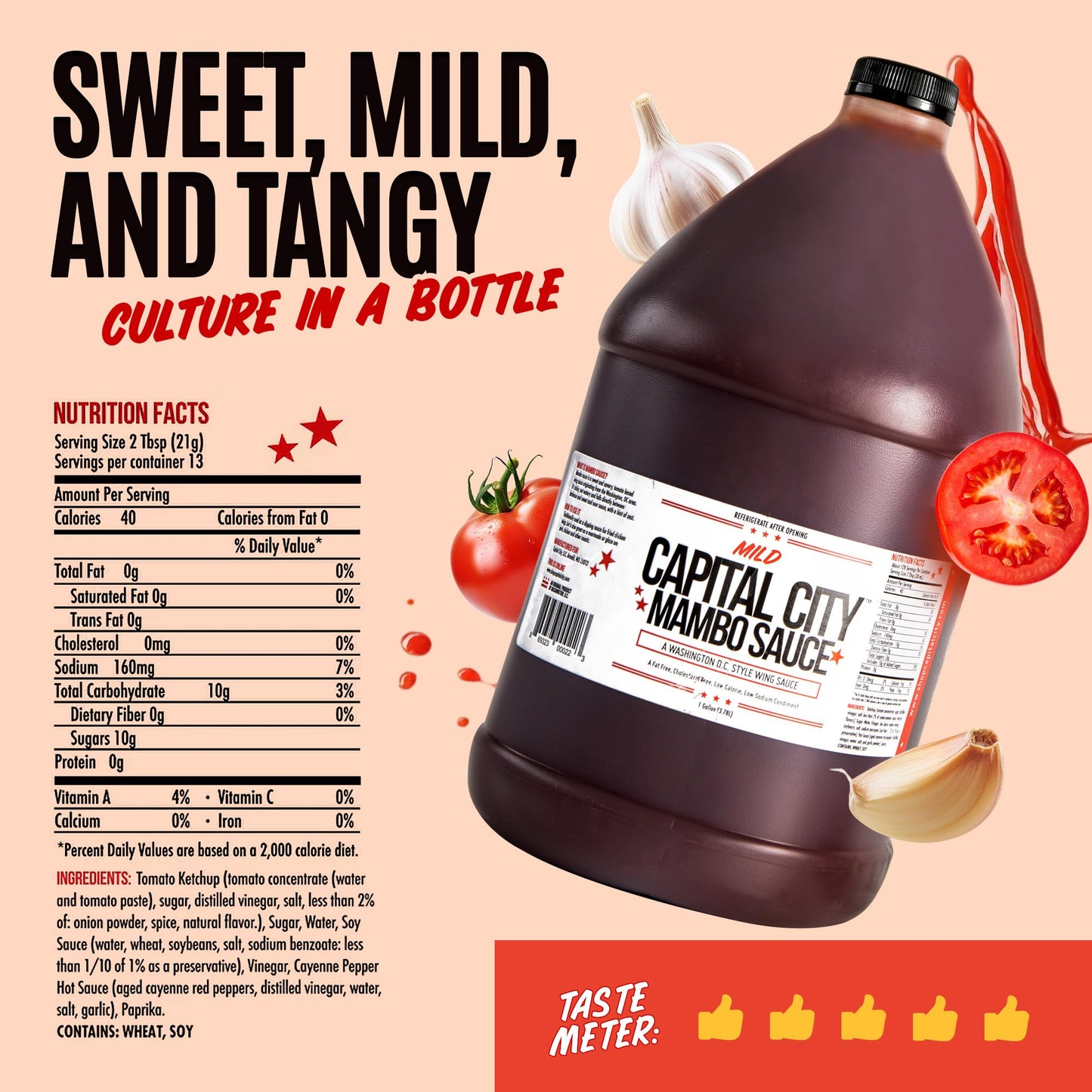 Capital City Mambo Sauce Mild, Washington DC Wing Sauces, Perfect Condiment for Wings Chicken Pork Beef Seafood Burgers Rice or Noodles, 128oz (1