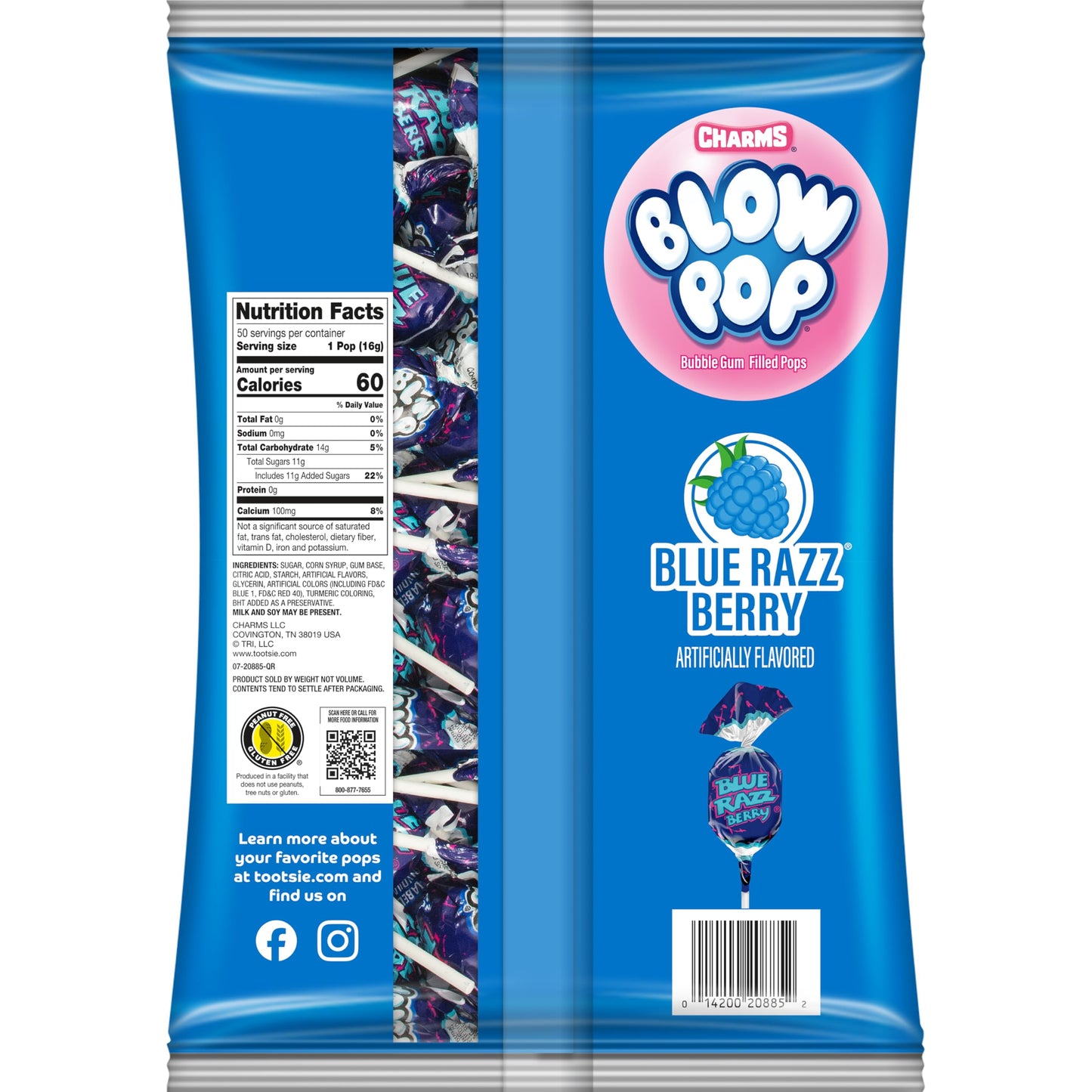 Charms Blow Pop Single Flavor Bag - Blue Raspberry Flavored Lollipops with a Bubble Gum Center - Individually Wrapped Hard Candy - Blue Candy - Peanut