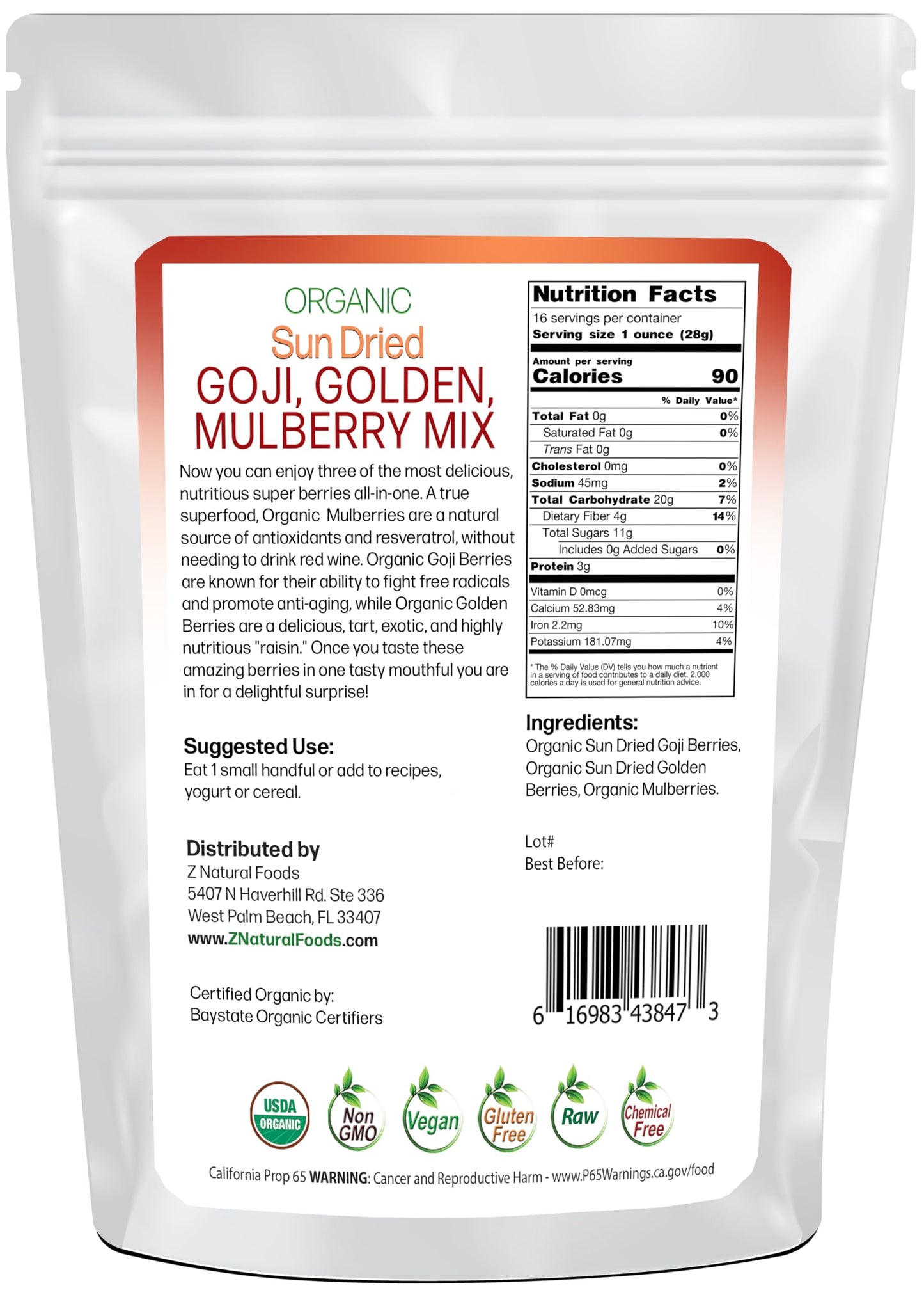Sun Dried Organic 3 Berry Mix - Goji Berries, Golden Berry White Mulberry - Unsweetened No Sugar Added - Three Delicious Exotic Superfoods For Snacks