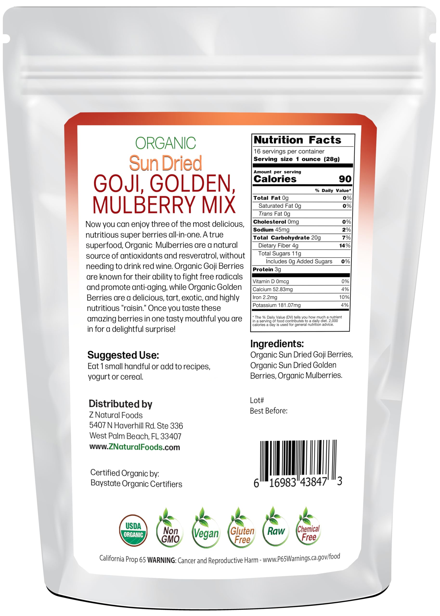 Sun Dried Organic 3 Berry Mix - Goji Berries, Golden Berry White Mulberry - Unsweetened No Sugar Added - Three Delicious Exotic Superfoods For Snacks