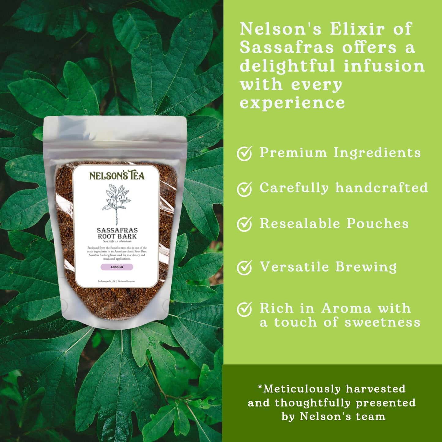 Nelson’s Tea - Sassafras Root Bark Ground - Caffeine Free - Aromatic Sassafras Albidum - Freshly Packed in a Resealable Bag for Lasting Freshness