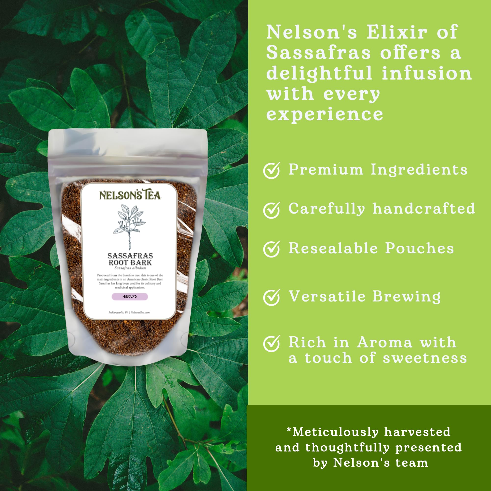 Nelson’s Tea - Sassafras Root Bark Ground - Caffeine Free - Aromatic Sassafras Albidum - Freshly Packed in a Resealable Bag for Lasting Freshness