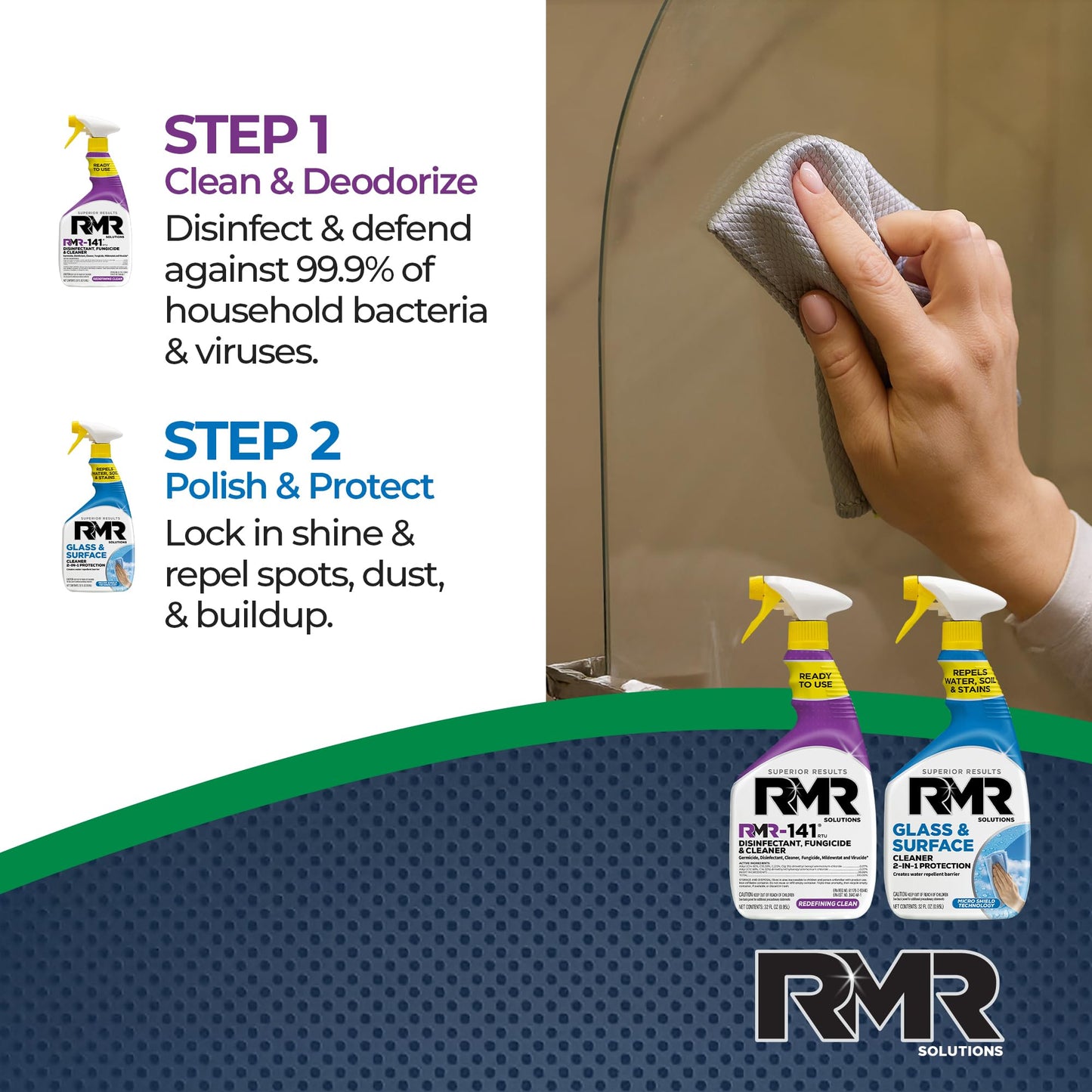 RMR Defend & Detail Duo - RMR-141 EPA Registered Mold & Mildew Spray + Glass & Surface Cleaner/Repellent, 2-Step Clean & Protect System for Glass