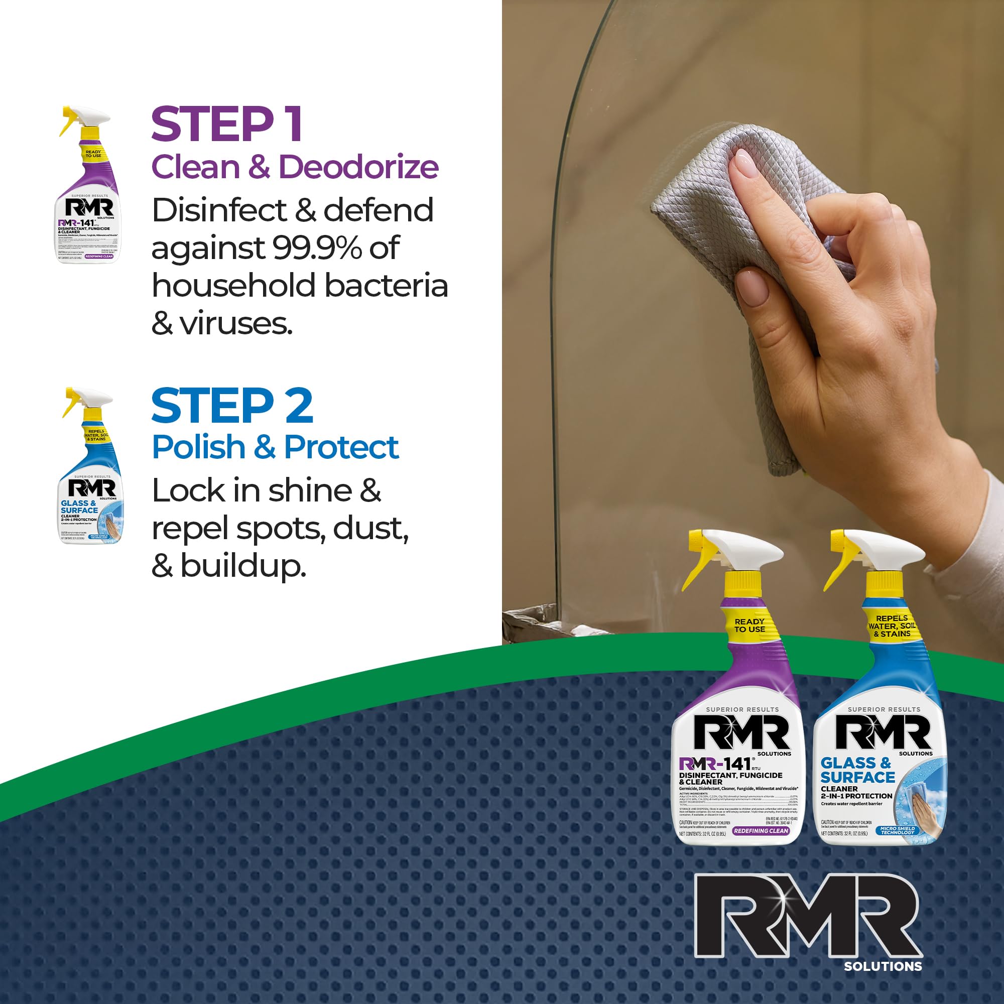 RMR Defend & Detail Duo - RMR-141 EPA Registered Mold & Mildew Spray + Glass & Surface Cleaner/Repellent, 2-Step Clean & Protect System for Glass