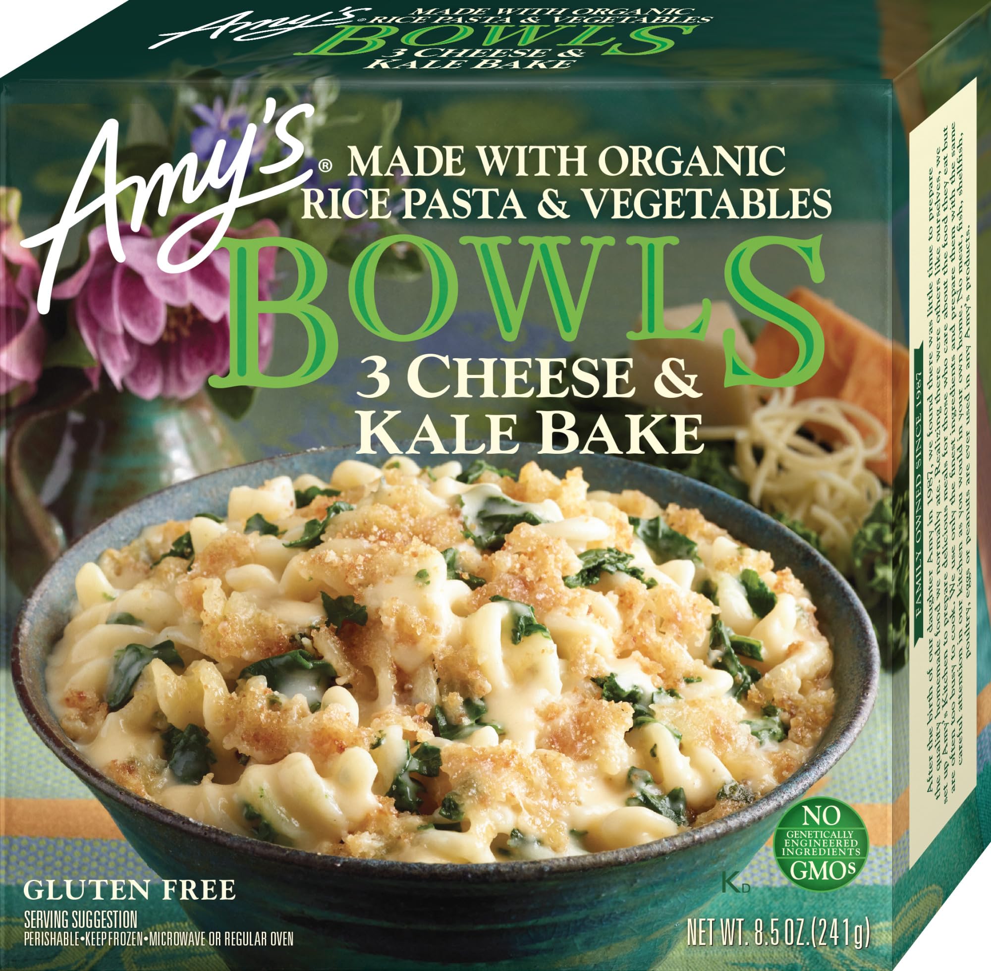 Amy's Frozen Meals, Three Cheese Kale Bake Bowl, Made With Organic Rice Pasta and Vegetables, Microwave Meals, 8.5 Oz
