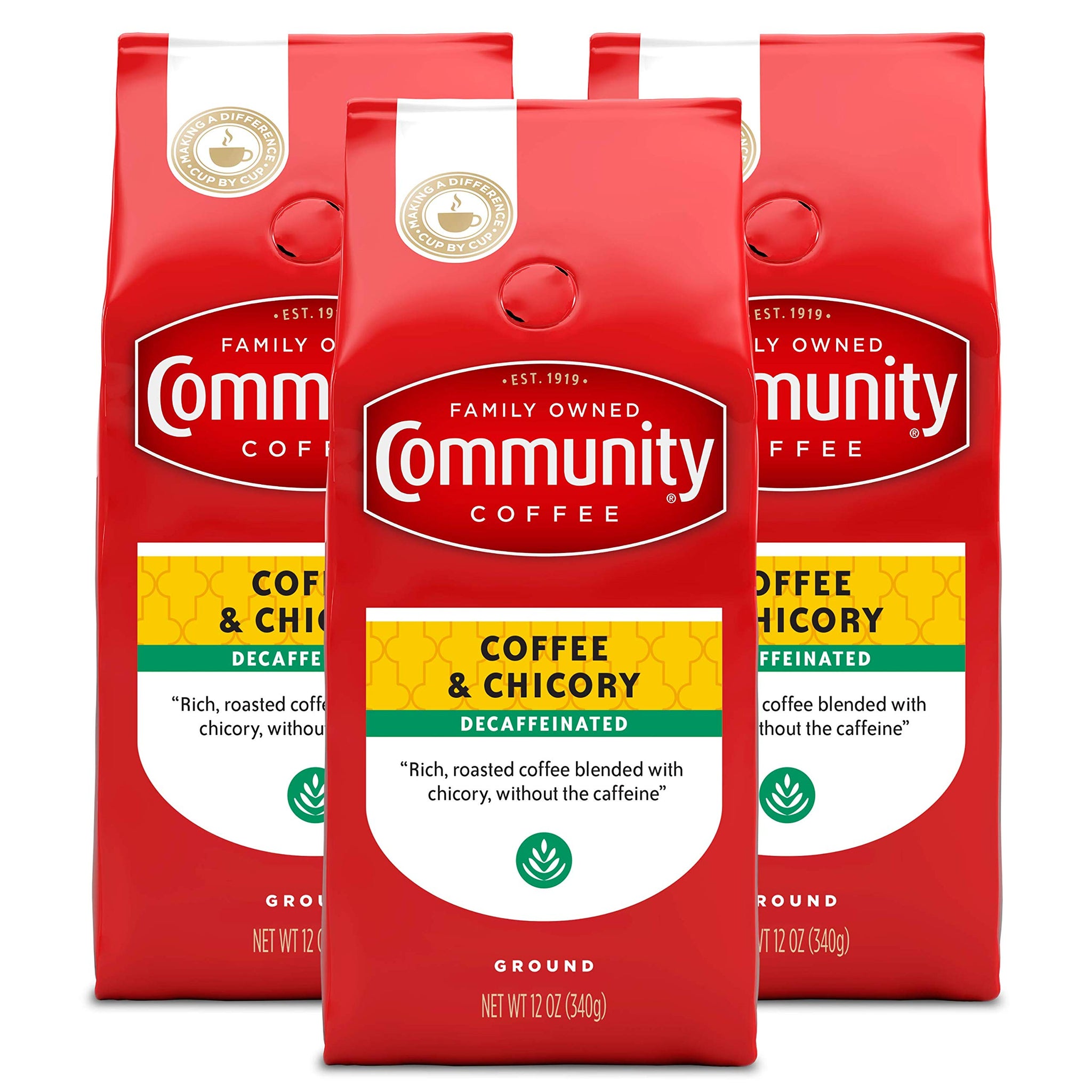 Community Coffee Coffee and Chicory Decaf 36 Ounces, Medium Dark Roast Ground Coffee, 12 Ounce Bag (Pack of 3)