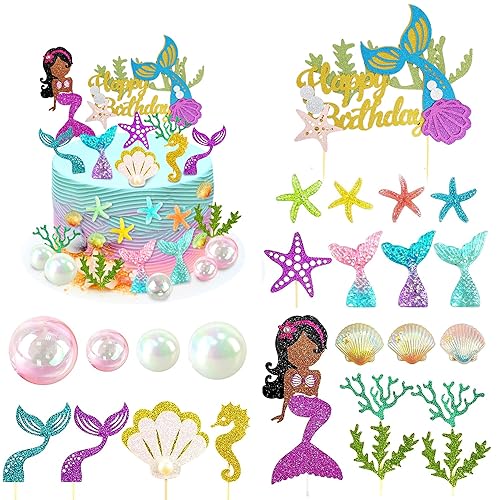 25 PCS Glitter Mermaid Theme Birthday Cake Topper Under the Sea Party Supplies Cake Decoration Cupcake Toppers Mermaid Tail Starfish Conch Seahorse