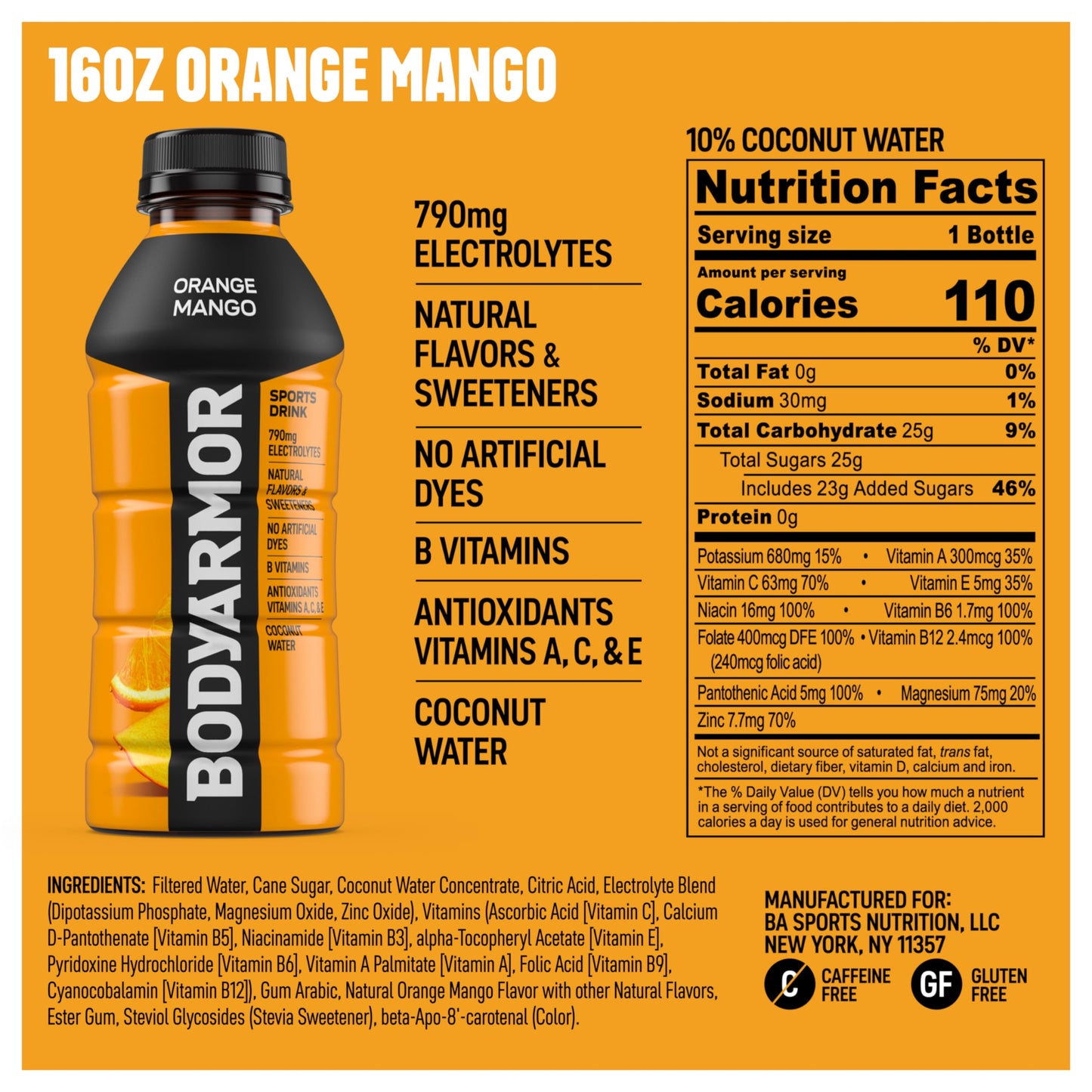 BODYARMOR Sports Drink Sports Beverage, Orange Mango, Natural Flavors With Vitamins, Potassium-Packed Electrolytes, No Preservatives, Perfect