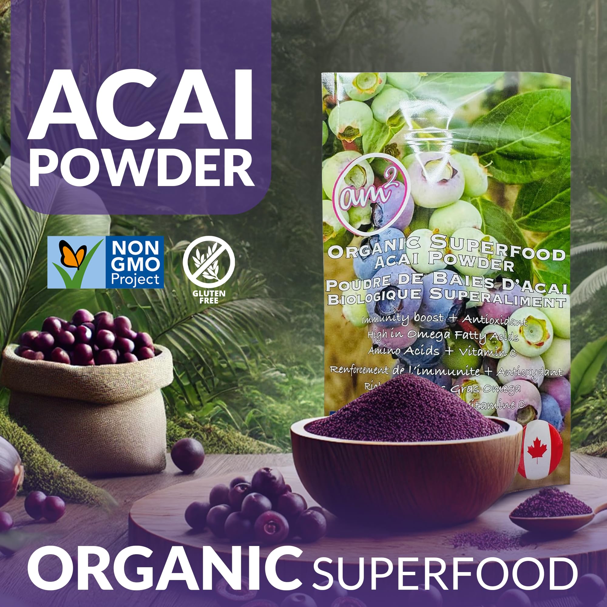 am2 Organic Acai Powder - Freeze Dried Acai Berry Granulated Powder - 100% Natural Fruit Powder - Antioxidant Rich Superfood Powder for Smoothie Bowls