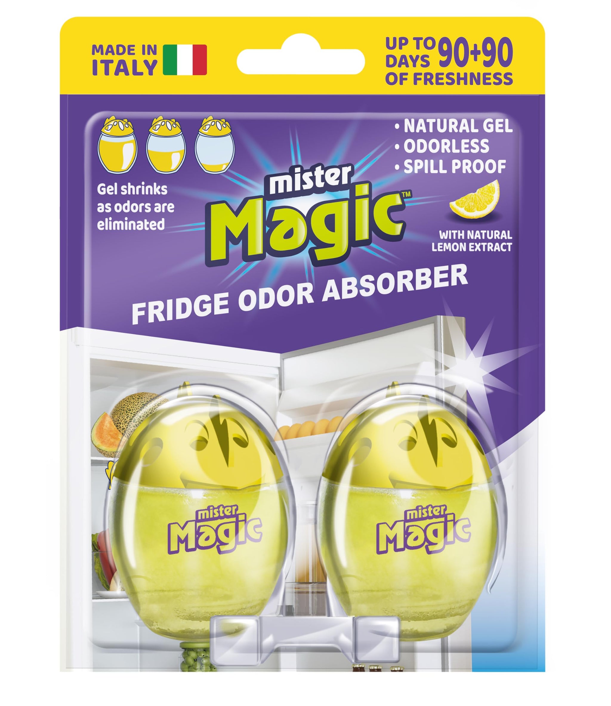 Mister Magic Refrigerator Odor Absorber - Natural Lemon Formula Gel, Odorless Fridge Deodorizer, Neutralizes Food Odors, Lasts Up to 90 Days, Safe