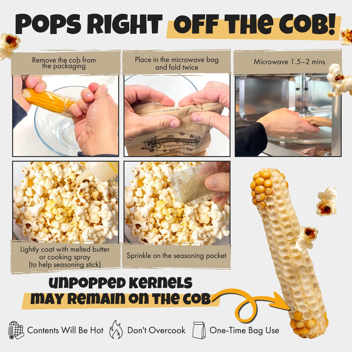 Poppin Cobs Microwave Popcorn on the Cob (8 PK) (White Cheddar) Whole Popcorn Kernels, Individually Wrapped Healthy Pop Corn on the Cob with Bags