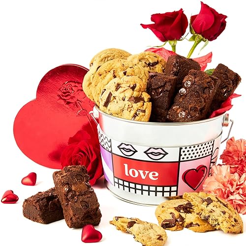 David’s Cookies Cookie Brownies Bucket Sampler - 1.3Lbs Assorted Gourmet with Chocolate Chip Brownies and Chocolate Chunk Cookies in a Love Tin