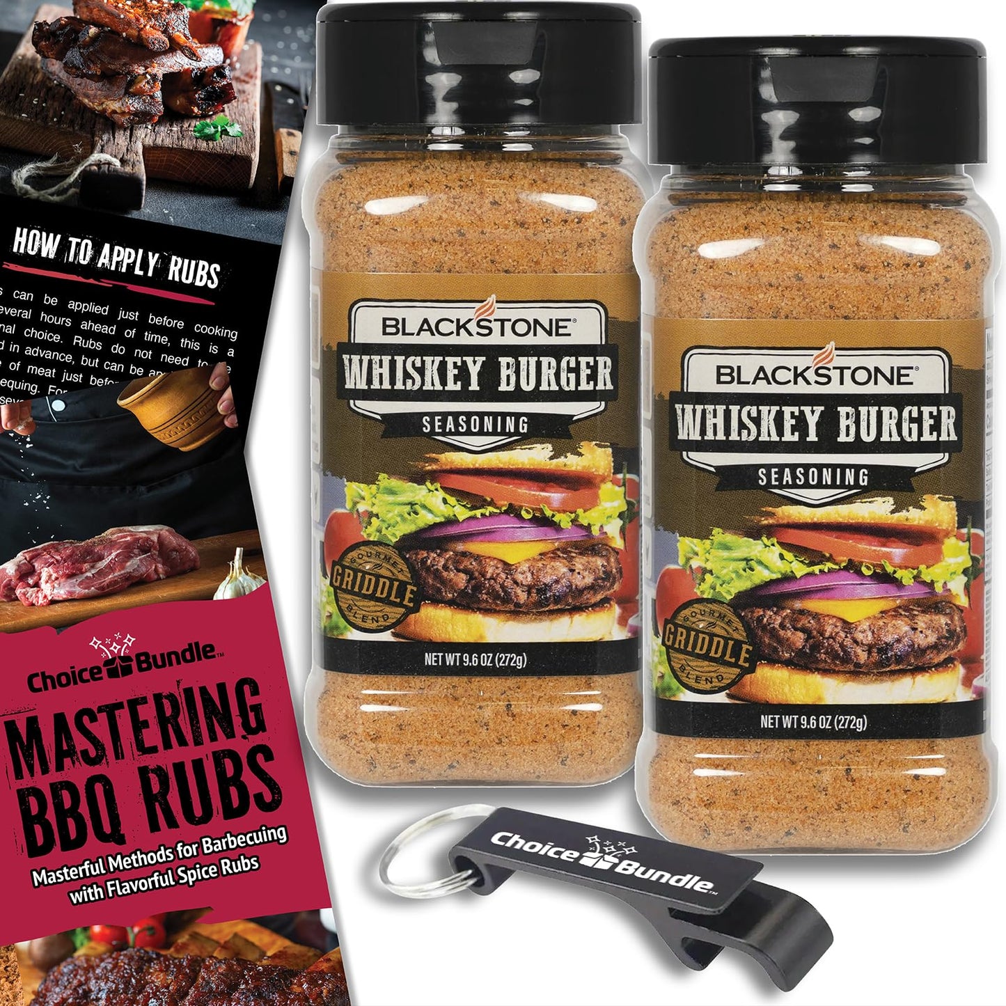 Blackstone Whiskey Burger Seasoning - Gourmet Griddle Premium Barbecue Rub 2 Pk (19.2 oz) + BBQ Masters & Opener (4 Items)!