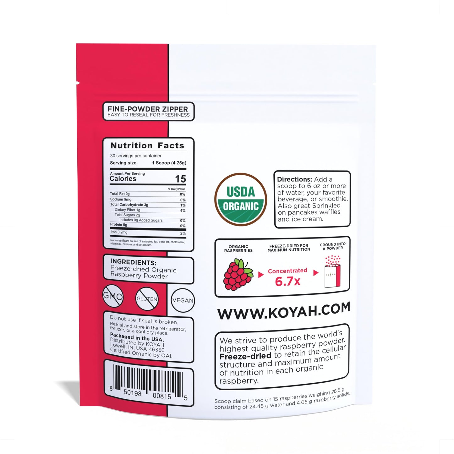 KOYAH - Organic Raspberry Powder 30 Servings (1 Scoop = 15 Raspberries), Freeze-Dried, Whole-Berry Powder, Equivalent to 450 Raspberries