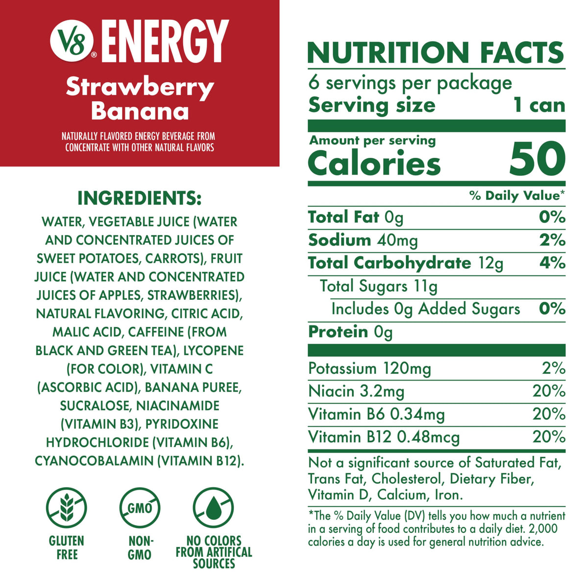 V8 Energy Strawberry Banana Juice Energy Drink, 8 fl oz Can (6 Pack)