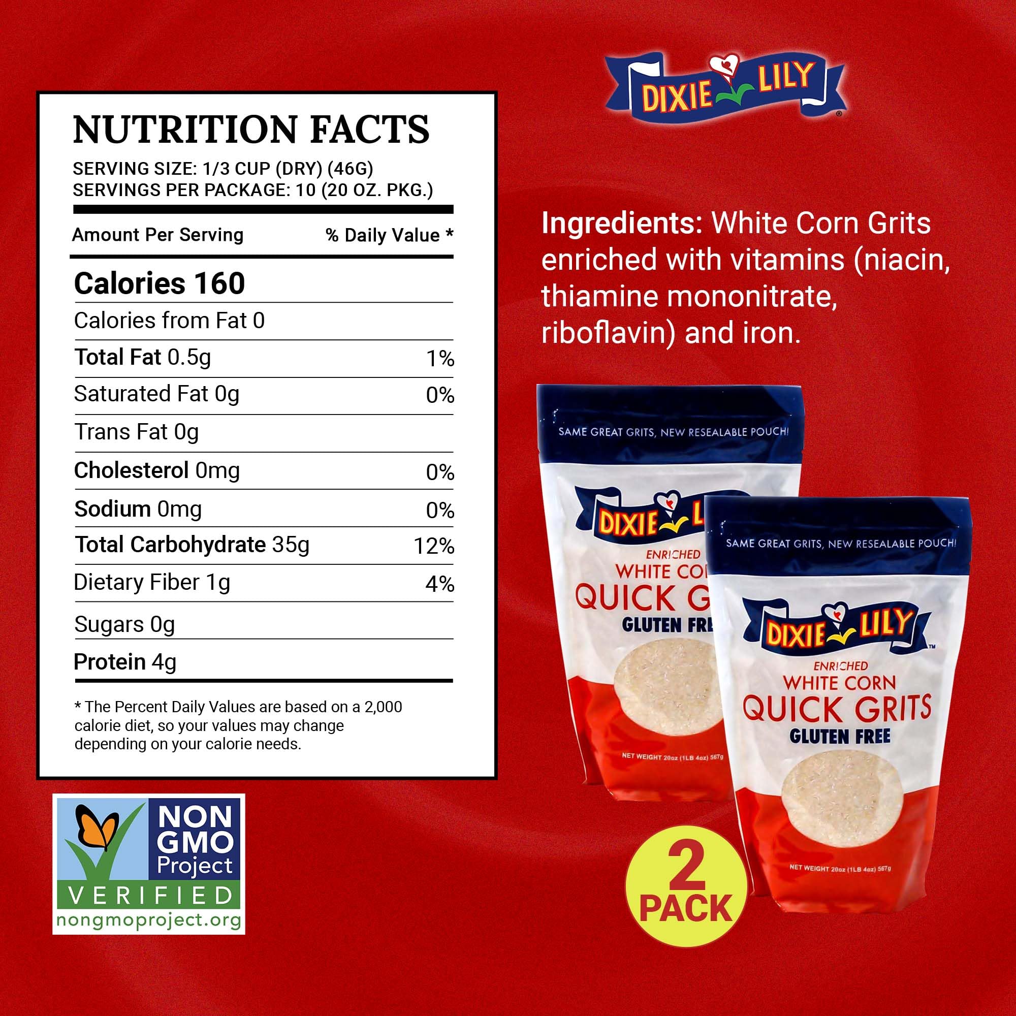 Dixie Lily White Corn Grits - Enriched With Iron, Niacin, Thiamine, Riboflavin - Classic Southern Taste - Certified Non-GMO - 2-Pack, 20oz
