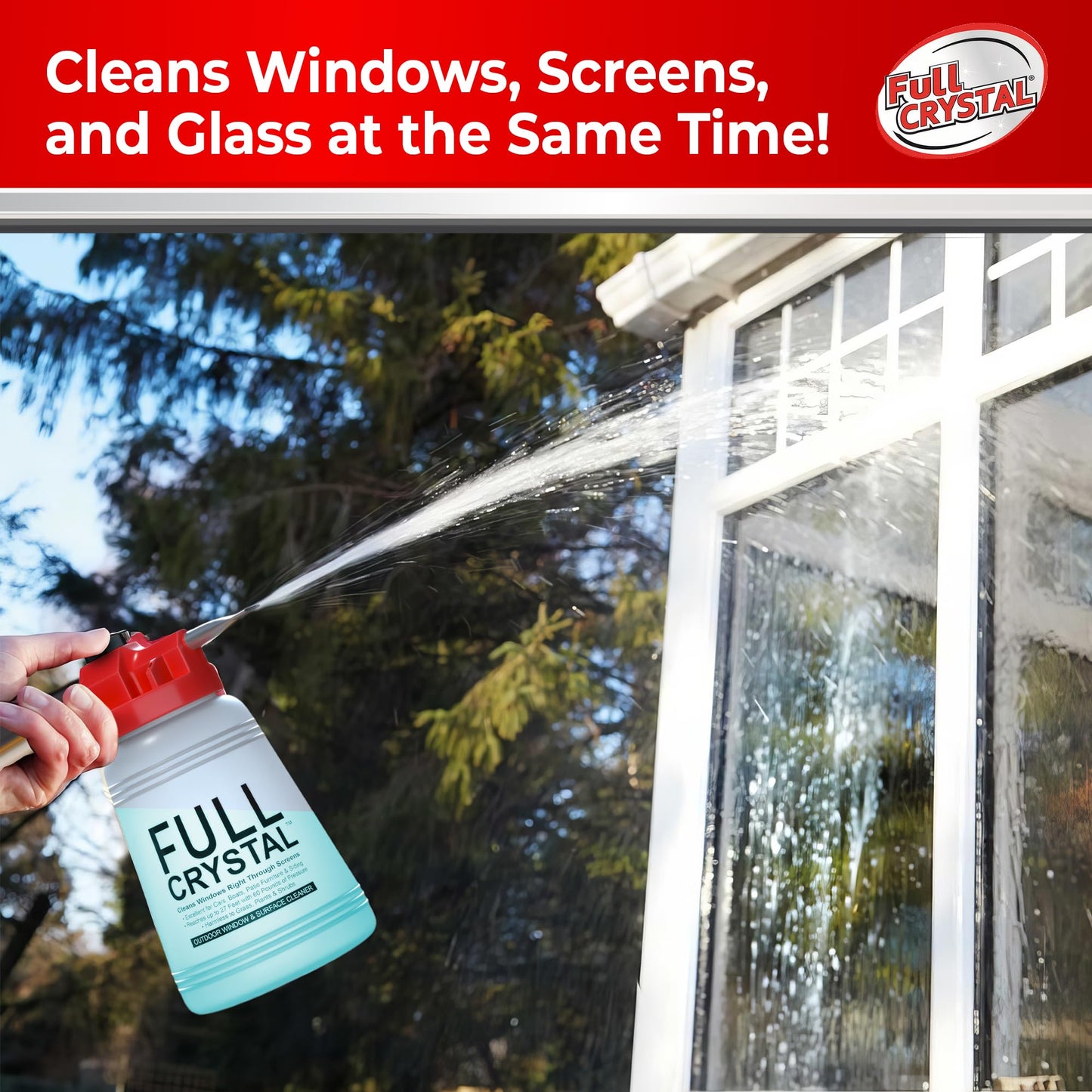 Full Crystal Window Cleaning Kit - 16 oz Glass Cleaner and Bottle with 27 ft Reach, Each 4 oz Bag Makes Up to 640 fl oz, Cleans Up to 80 Windows