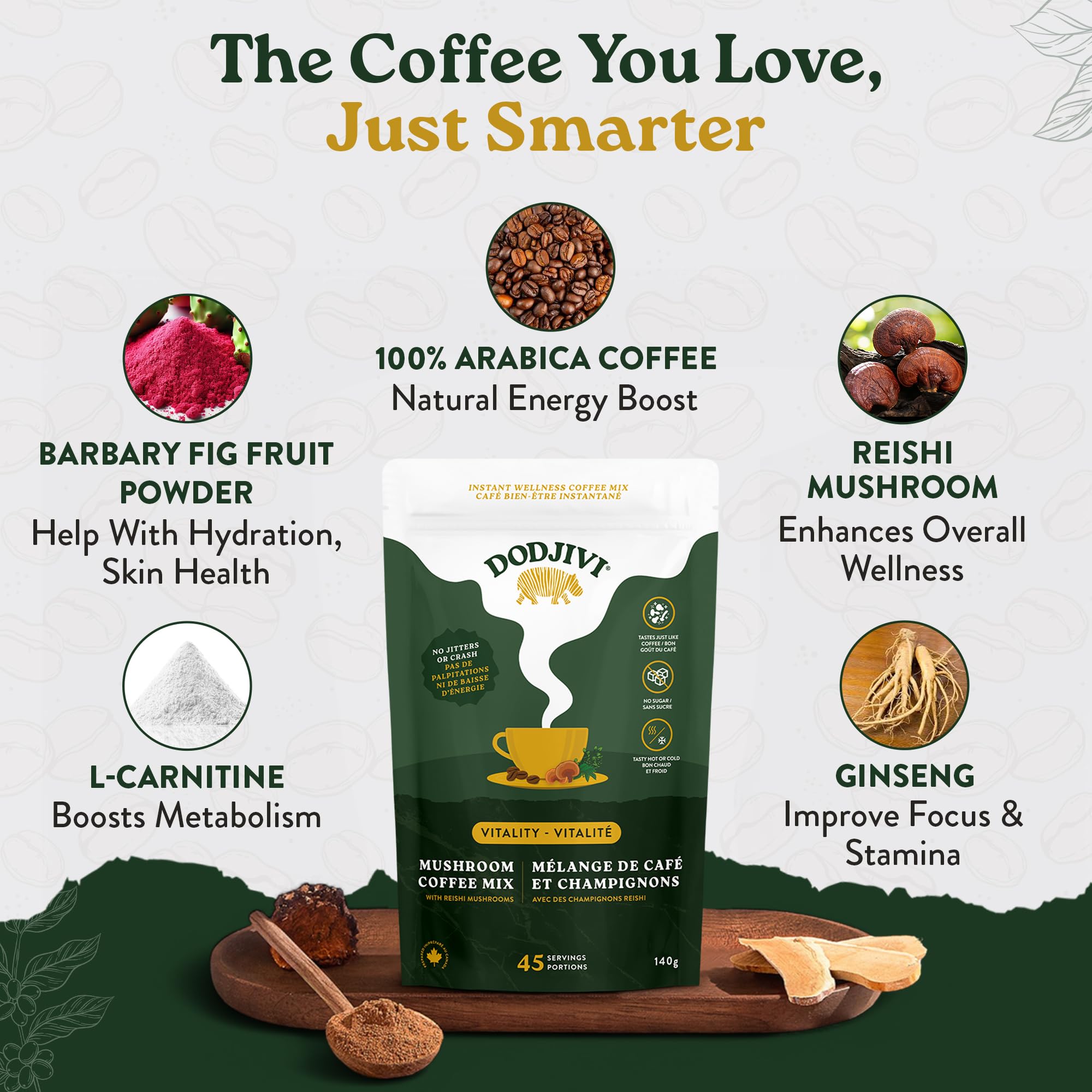 Dodjivi Organic Reishi Mushroom Coffee, Sustained Energy & Focus, Instant Coffee, Arabica with Adaptogenic Herbs, Sugar-Free, Vegan, Keto-Friendly