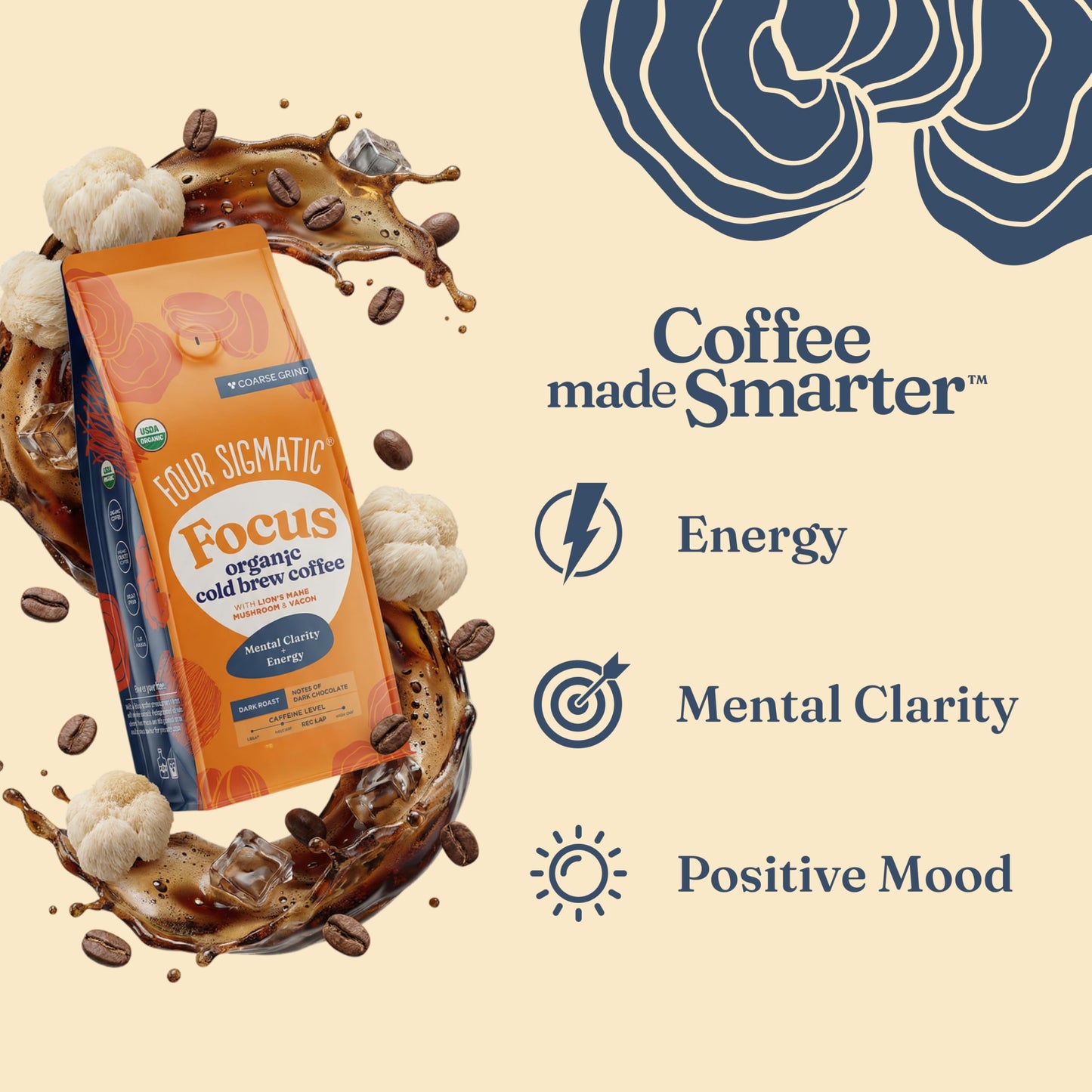 Four Sigmatic Organic Cold Brew Coffee Grounds | Dark Roast, Coarse Grounds with Lion's Mane and Chaga | Cold Brew Mushroom Coffee for Crash-Free