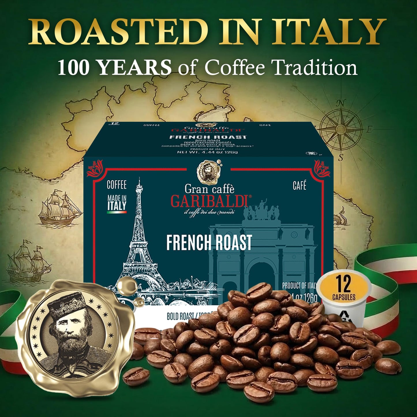 Caffè Garibaldi French Roast Coffee Pods, Single-Serve Capsules for Keurig K-Cup Brewers, Single Serve Cups with Arabica Blend for Coffee Makers, 72