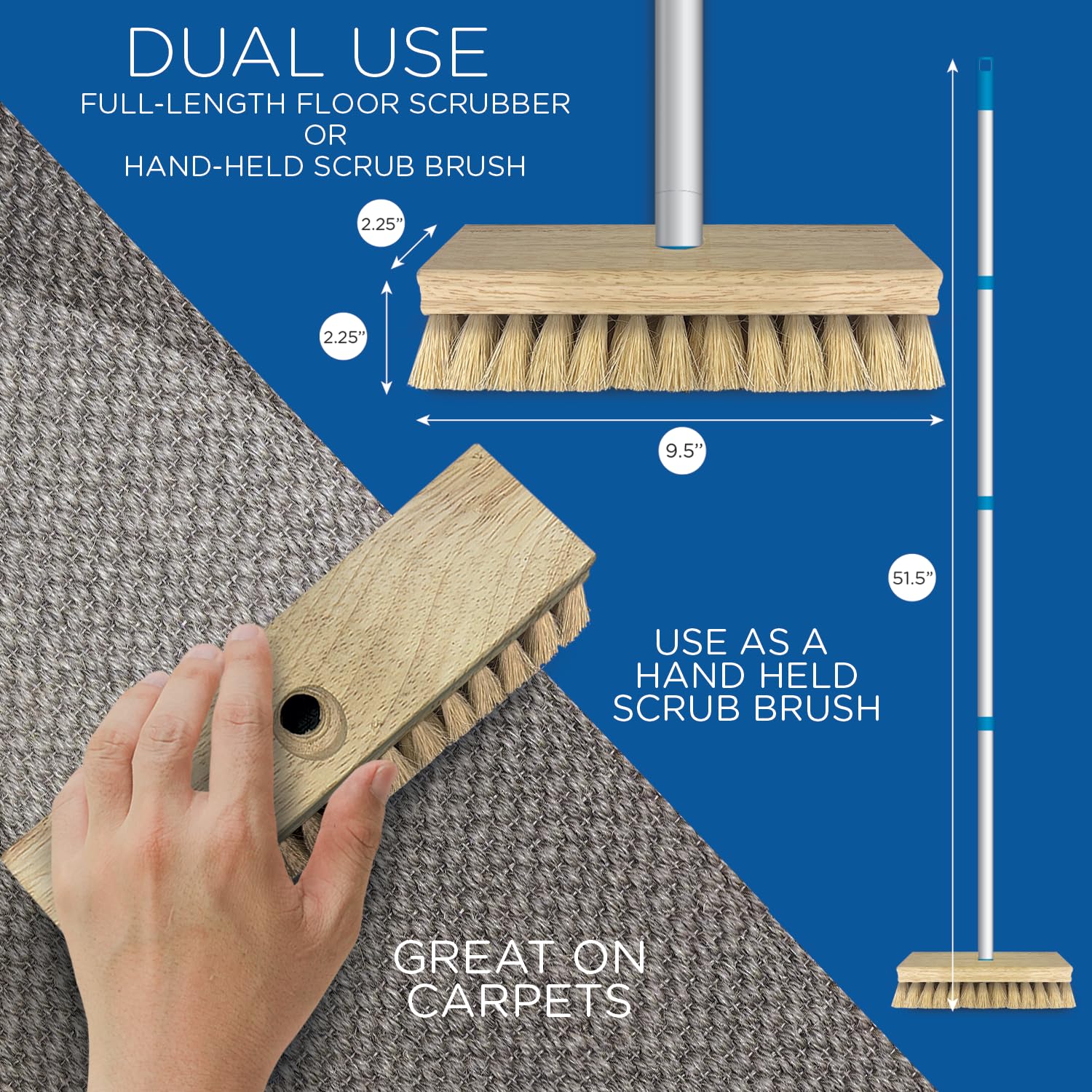 LOLA Deck Scrub Brush, 9" x 3.5" Head w/Tampico Bristles for Outdoor Cleaning, Removes Dirt & Grime from Patios, Decks, Grout, 1 Count
