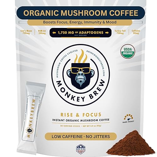 Monkey Brew Rise & Focus USDA Organic Mushroom Coffee - Boosts Focus, Energy, Immunity & Mood | 1,750mg Adaptogens: Lion’s Mane, Turkey Tail, KSM-66