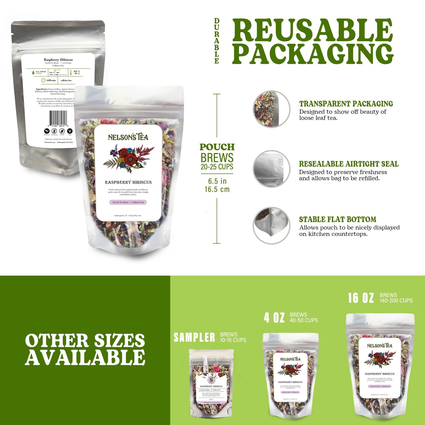 Nelson's Tea Raspberry Hibiscus Tea - Caffeine Free, Cut & Sifted Green Rooibos, Honeybush, Dried Raspberries, Acai, and Pomegranate Loose Leaf (2 oz)