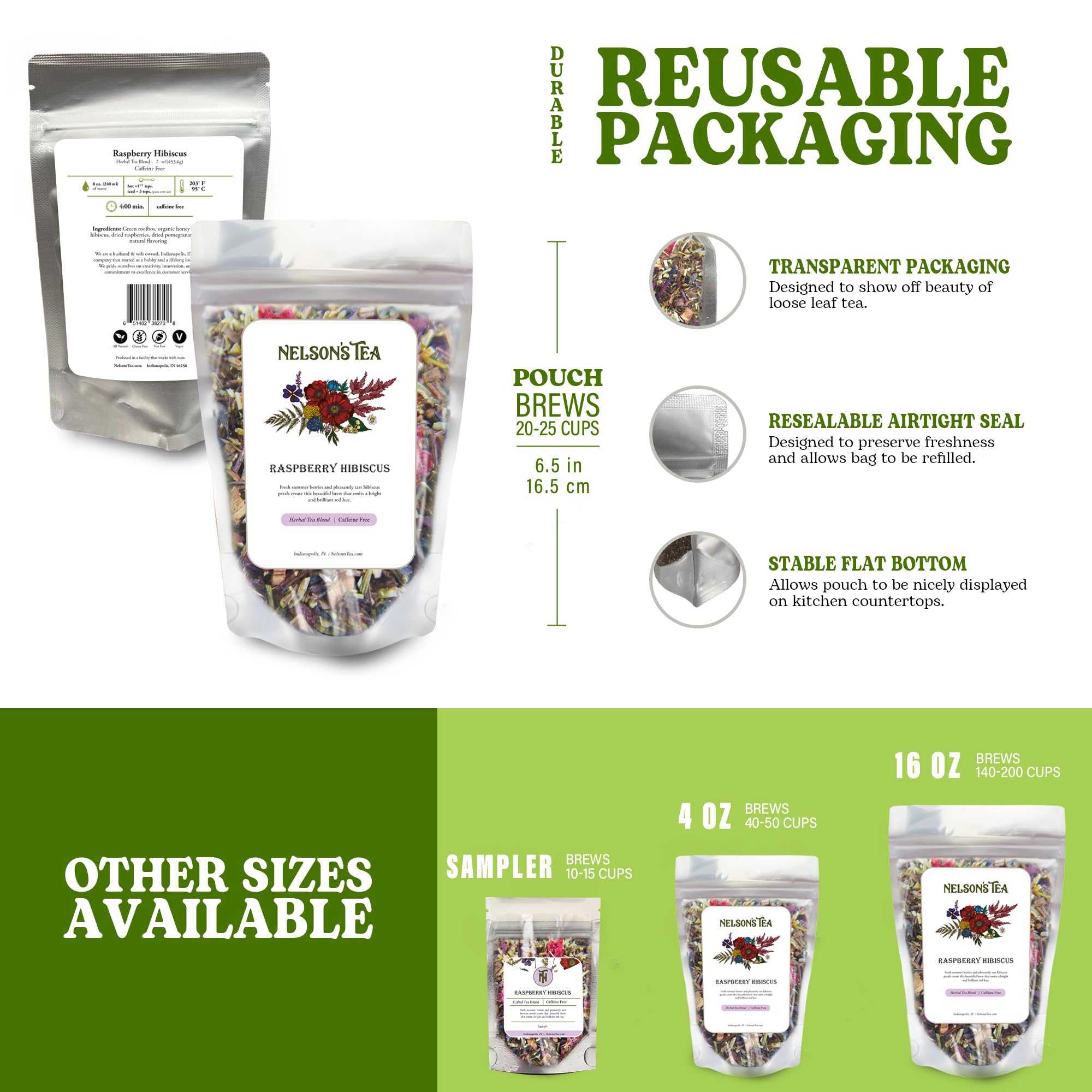 Nelson's Tea Raspberry Hibiscus Tea - Caffeine Free, Cut & Sifted Green Rooibos, Honeybush, Dried Raspberries, Acai, and Pomegranate Loose Leaf (2 oz)