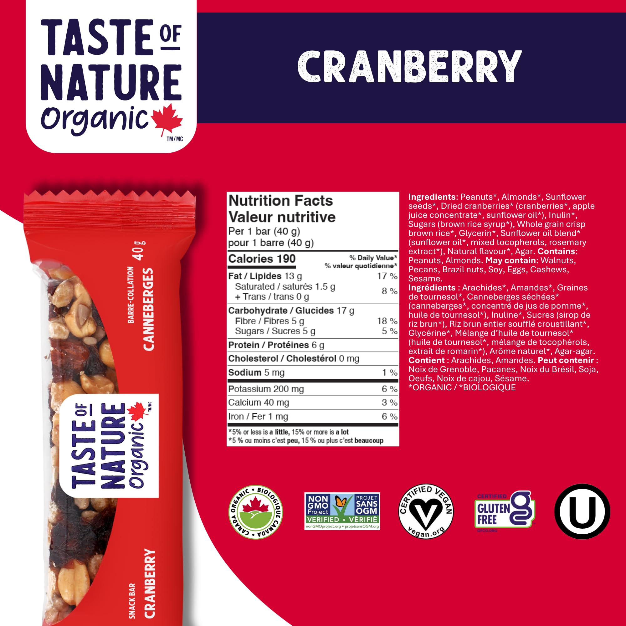 Taste of Nature Organic Cranberry Snack Bar - Healthy, Gluten Free, Non GMO, Vegan Snack Bars with Mixed Nuts, Fruits and Seeds - 16 Snack Pack x 40g