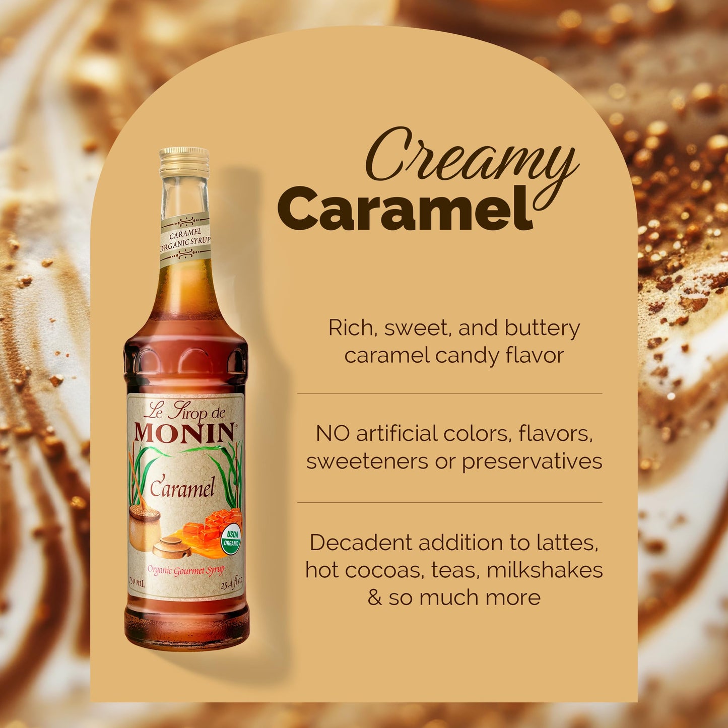 Monin - Organic Caramel Syrup | Premium Syrup for Coffee, Milkshakes, Cocktails & More (BPA-Free Glass Bottle, 750 ml)